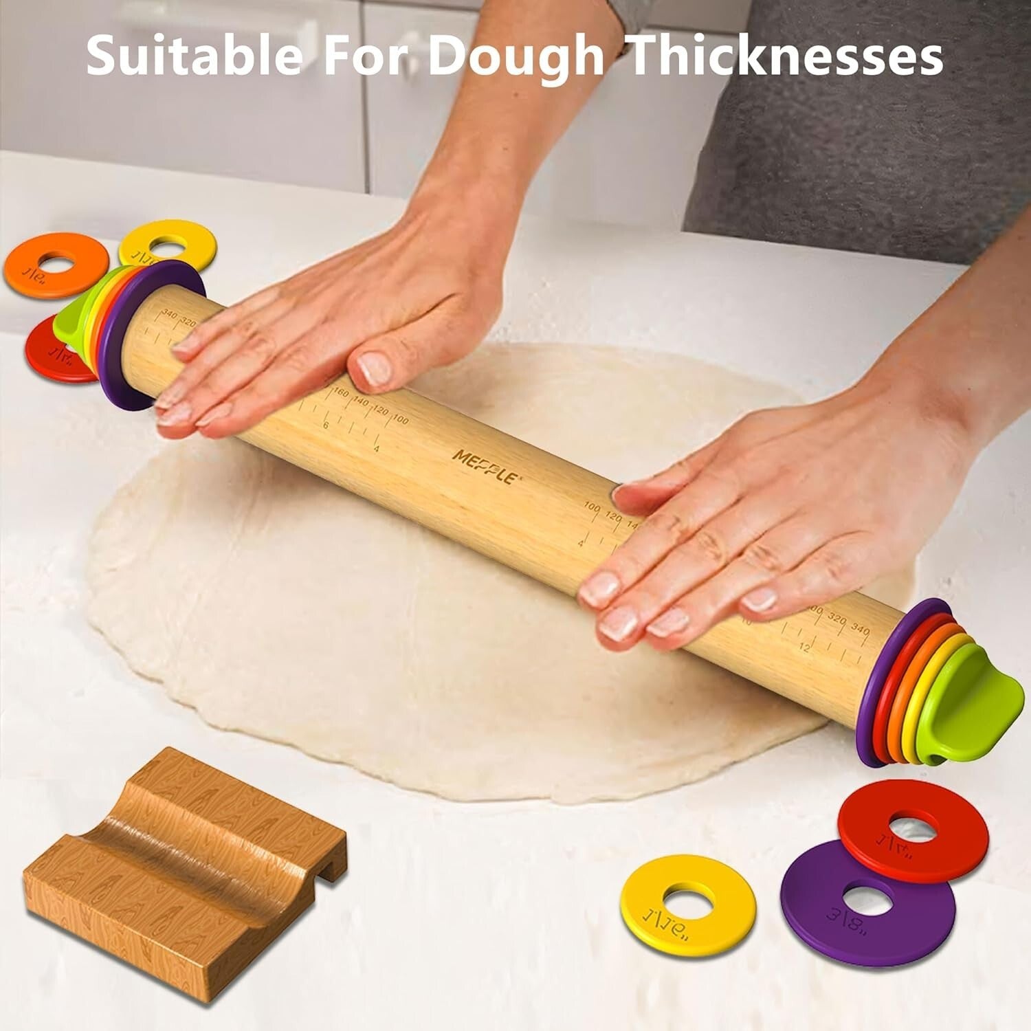 Adjustable Wooden Rolling Pin with Rings & Silicone Pastry Mat for Perfect Dough