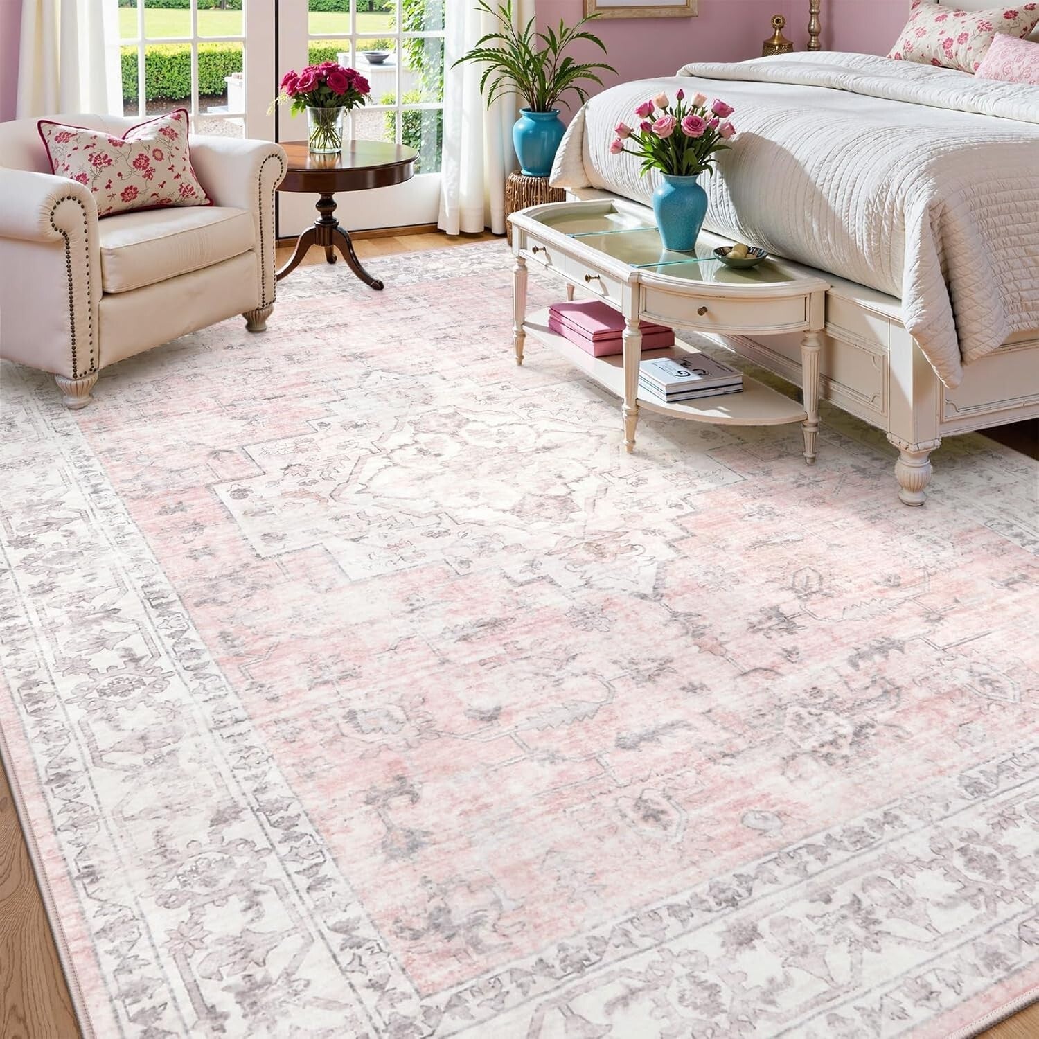 Stain-Resistant 10x14 Pink Rug - Soft, Braided Carpet for Living Room & Nursery