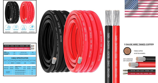 Oxygen-Free 2 Gauge Marine Wire - 40FT Waterproof Tinned Copper for Boats & RVs