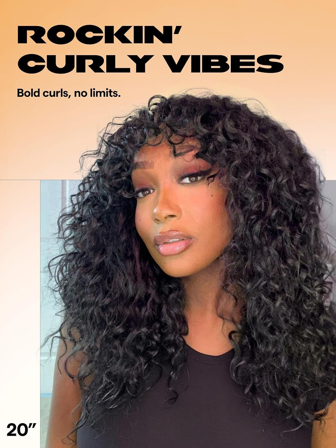 Effortless Style: 20-Inch Glueless Black Curly Wig with Face-Framing Bangs
