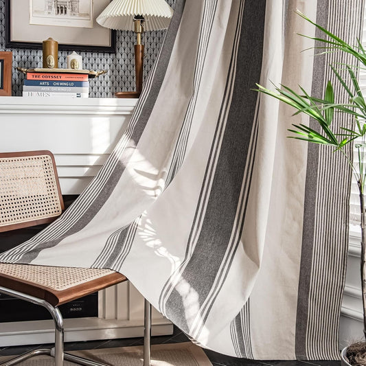 Semi Sheer Stripe Window Curtains for Living Room - Farmhouse Style 2 Panel Set