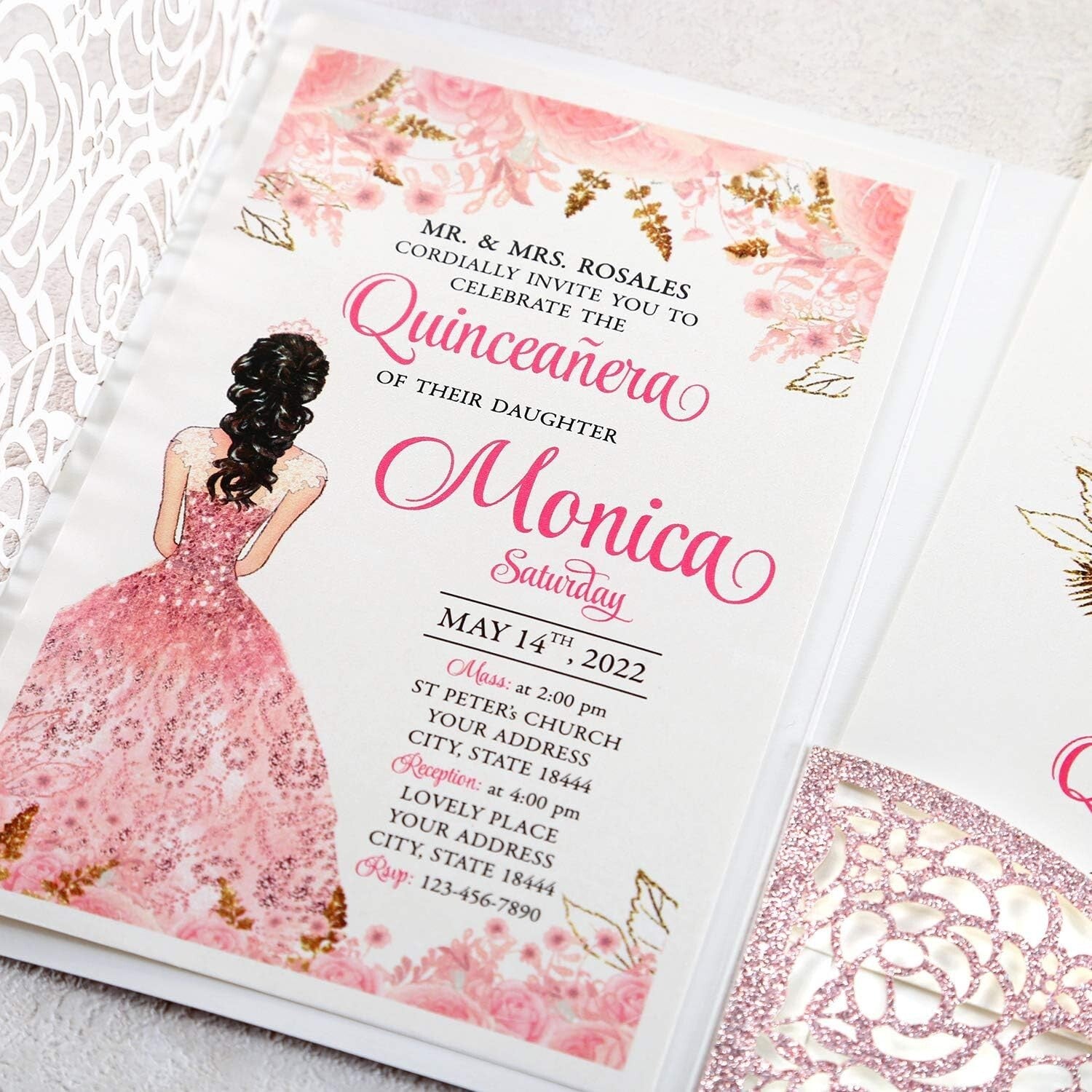 Elegant 4.7x7 Inch Rose Gold Glitter Quinceanera Invitation Kit - 50 Count
