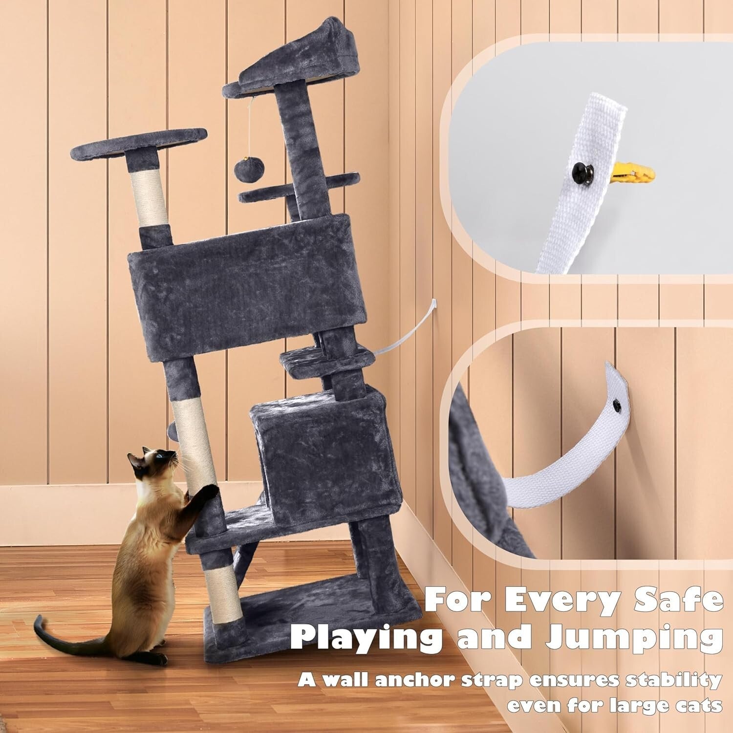 Durable 54-Inch Cat Tower with Plush Hideaways and Interactive Dangling Balls