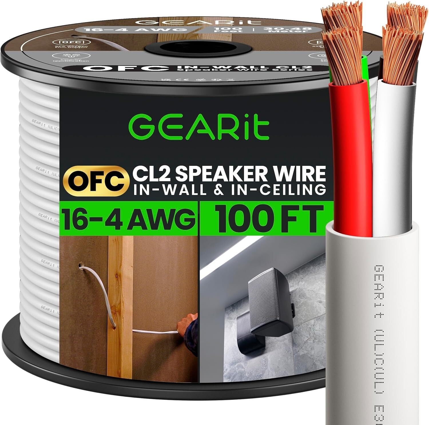 100ft 16 AWG Speaker Cable - Oxygen-Free Copper, Fire Safety Certified CL2