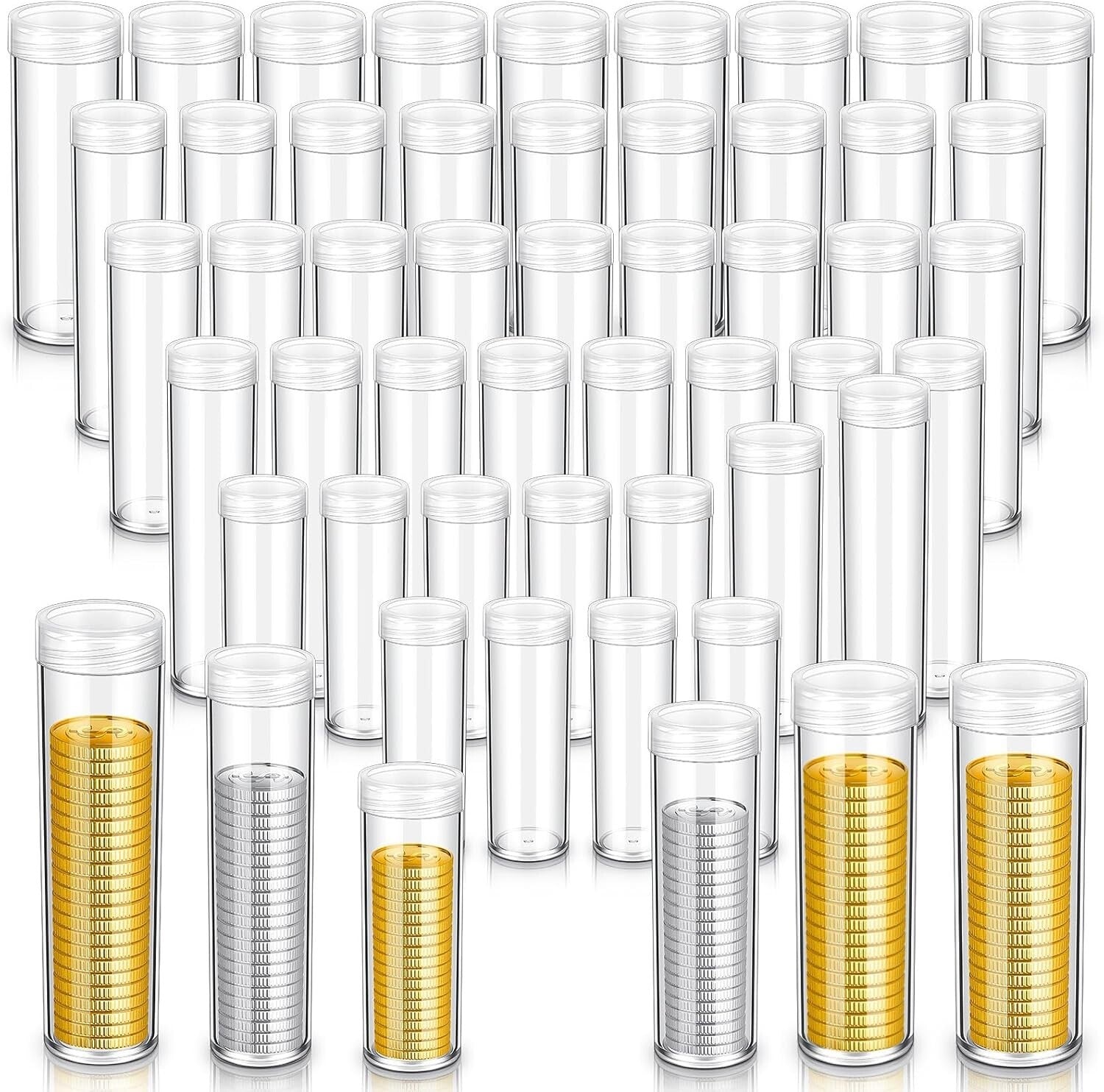 Clear Coin Holders - 60 Pcs Tubes in 6 Sizes, Perfect for Organizing Coins