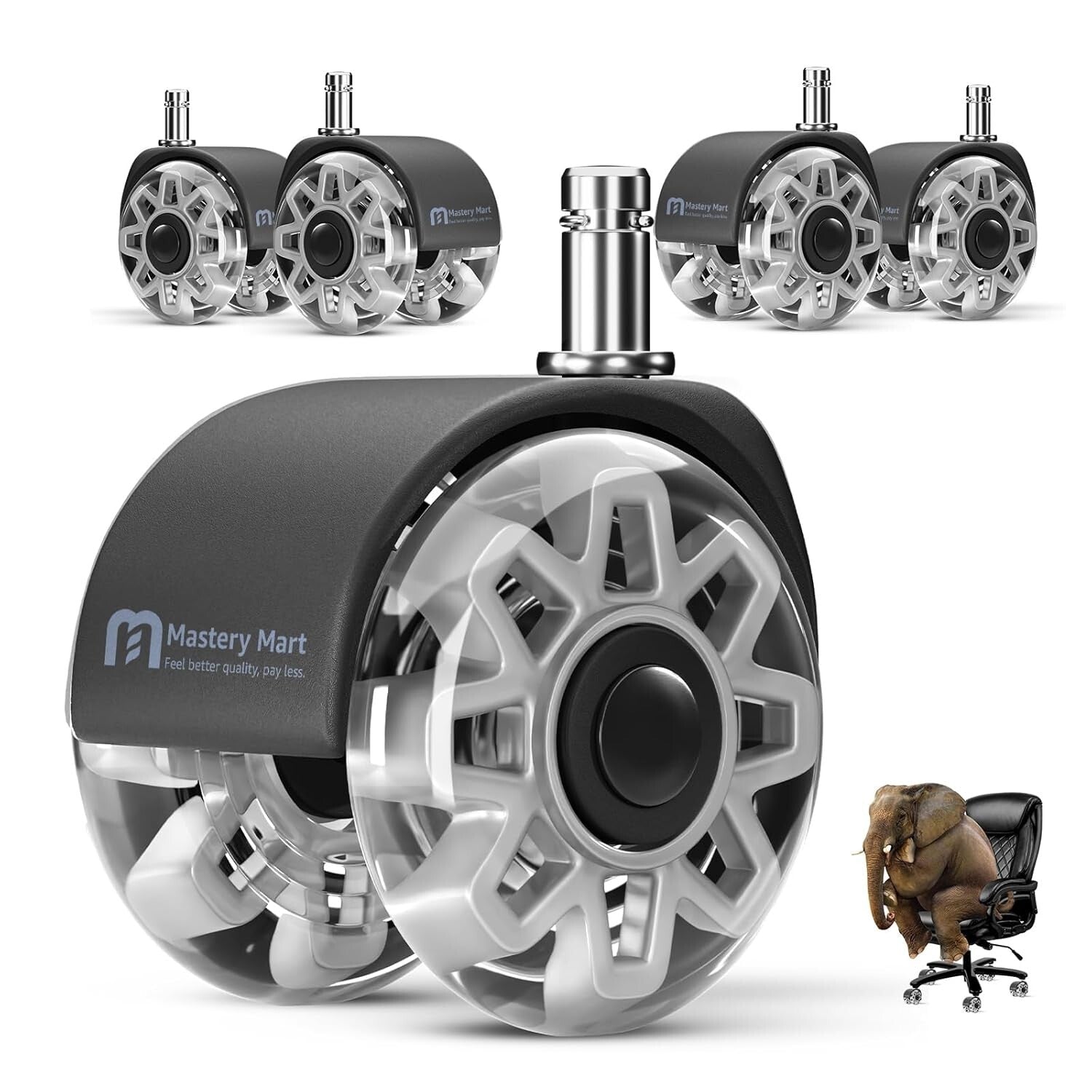 Premium Office Chair Caster Wheels - 5 Pack, 2.5 Inch, Quiet Glide Technology