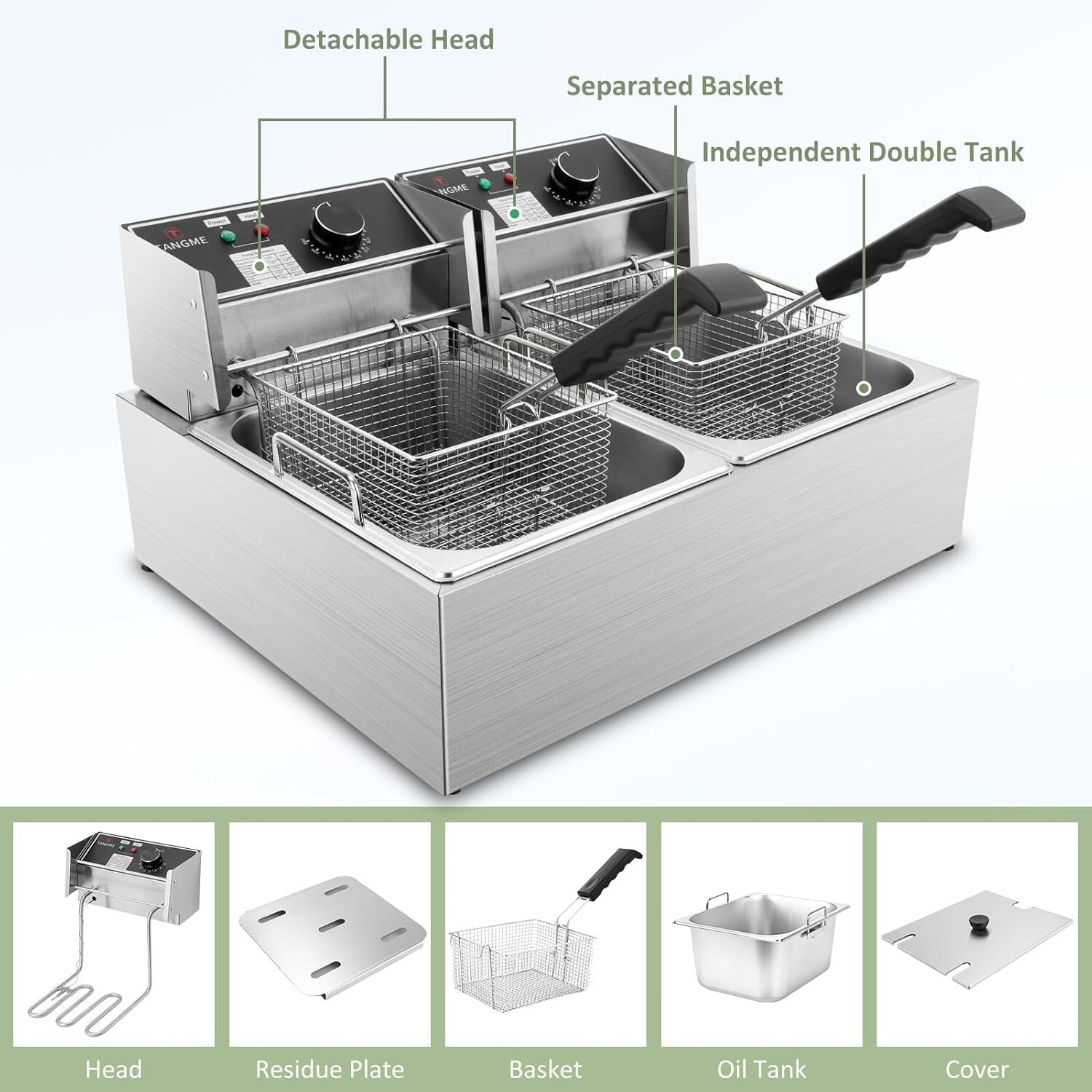3400W Commercial Deep Fryer with 2x6.35QT Baskets - Stainless Steel Design