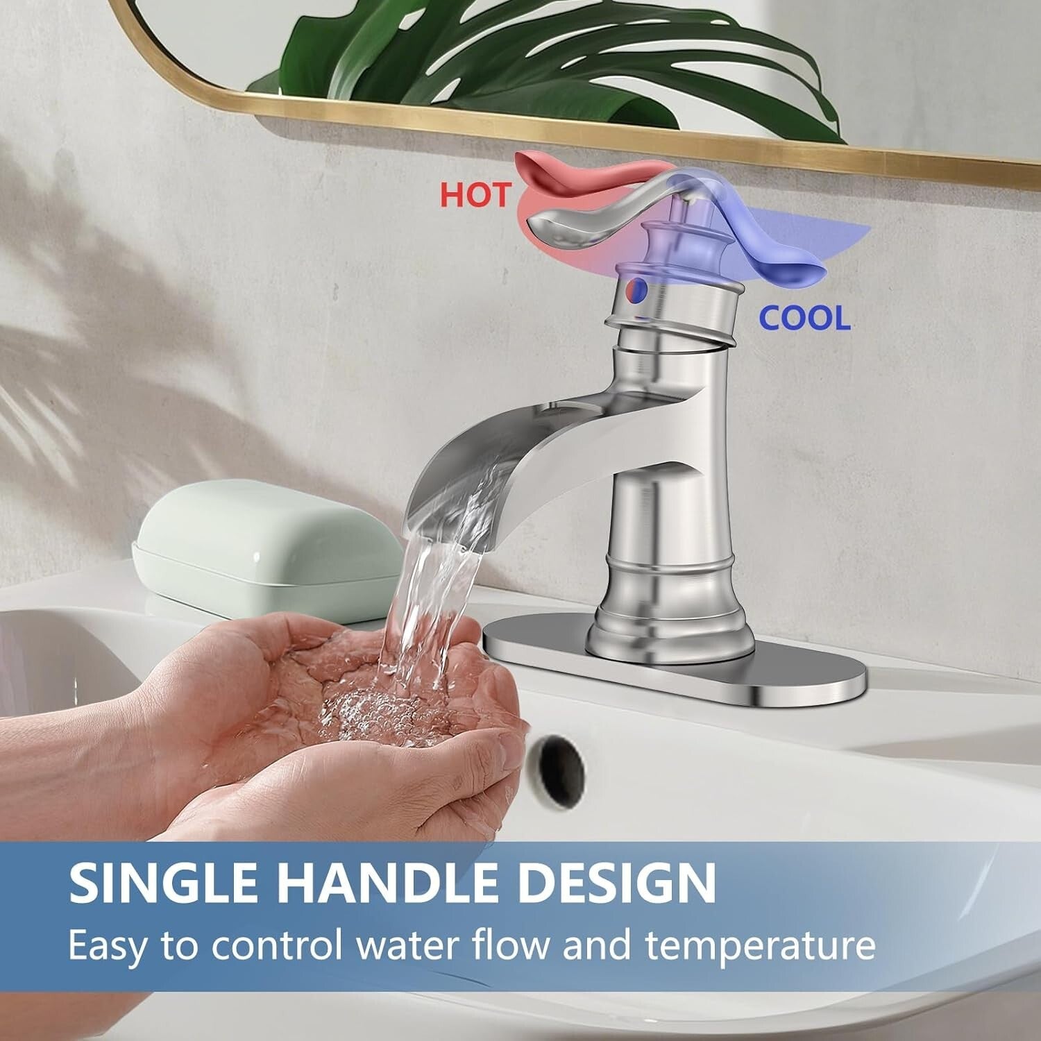 Durable Waterfall Spout Bathroom Faucet - Single Handle Brushed Nickel Finish