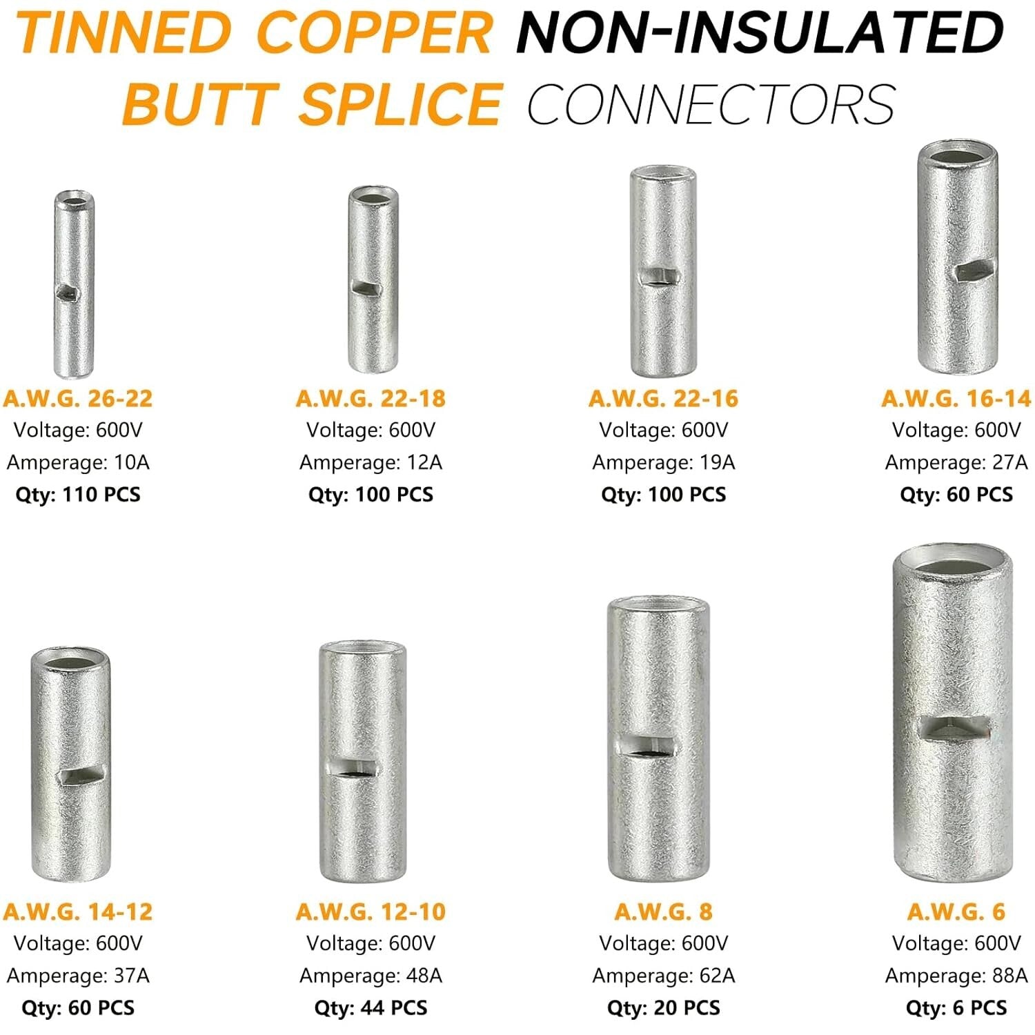 500 PCS Non-Insulated Butt Connectors - Marine Grade Tinned Copper 6-26 AWG
