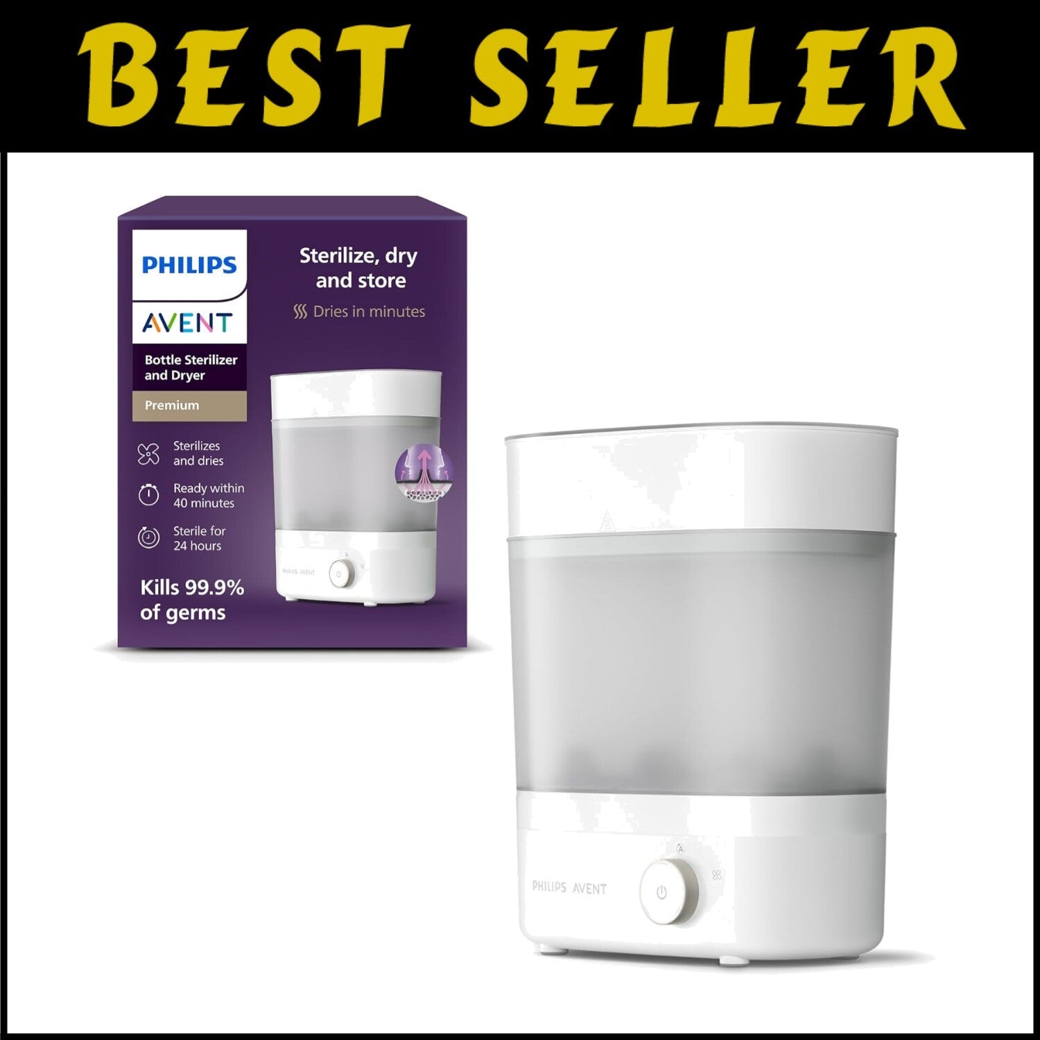 Chemical-Free Philips Baby Bottle Sterilizer & Dryer, Space-Saving, 40 Min Cycle