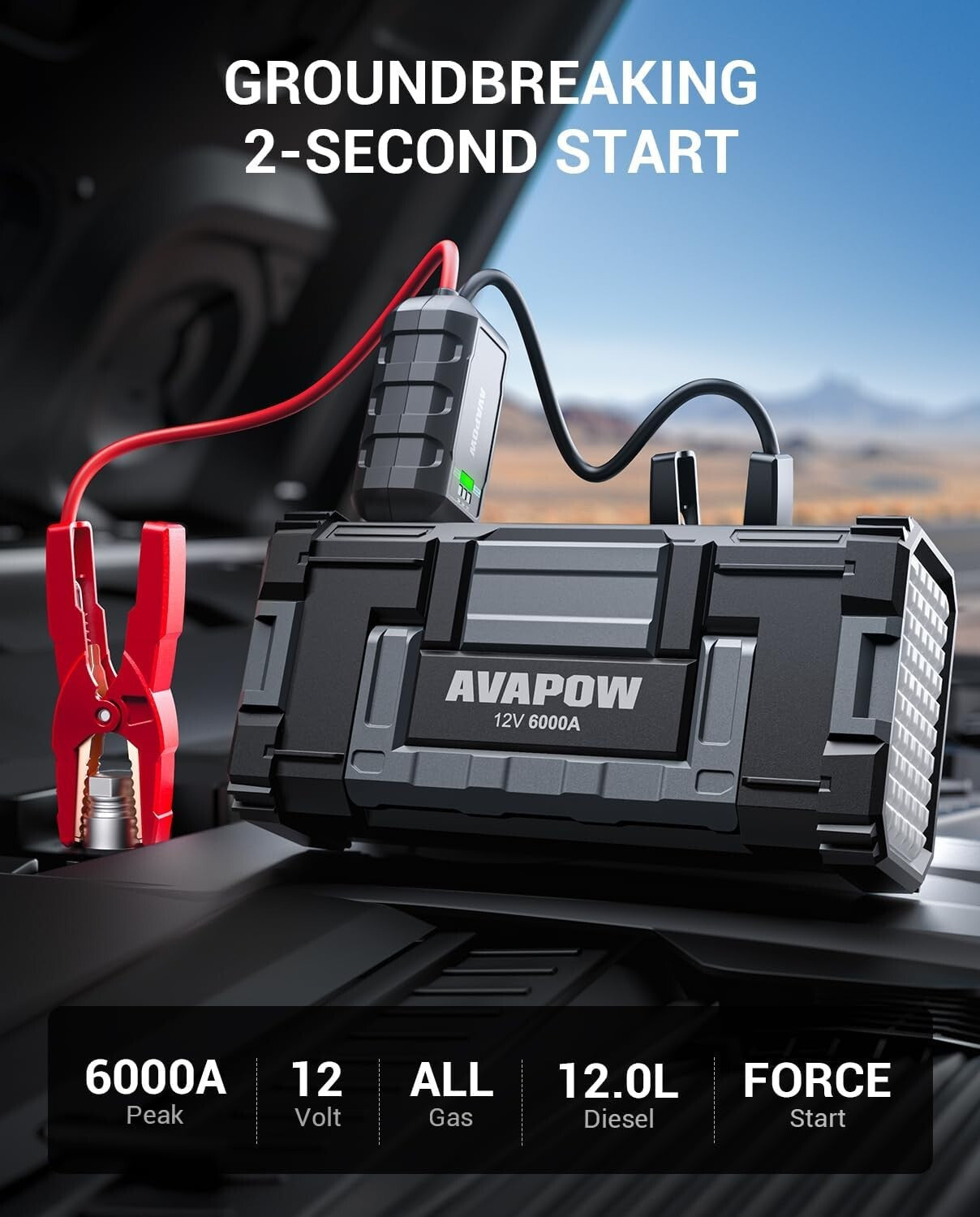 6000A Lightweight Jump Starter with USB Quick Charge & LED Light - All Vehicles