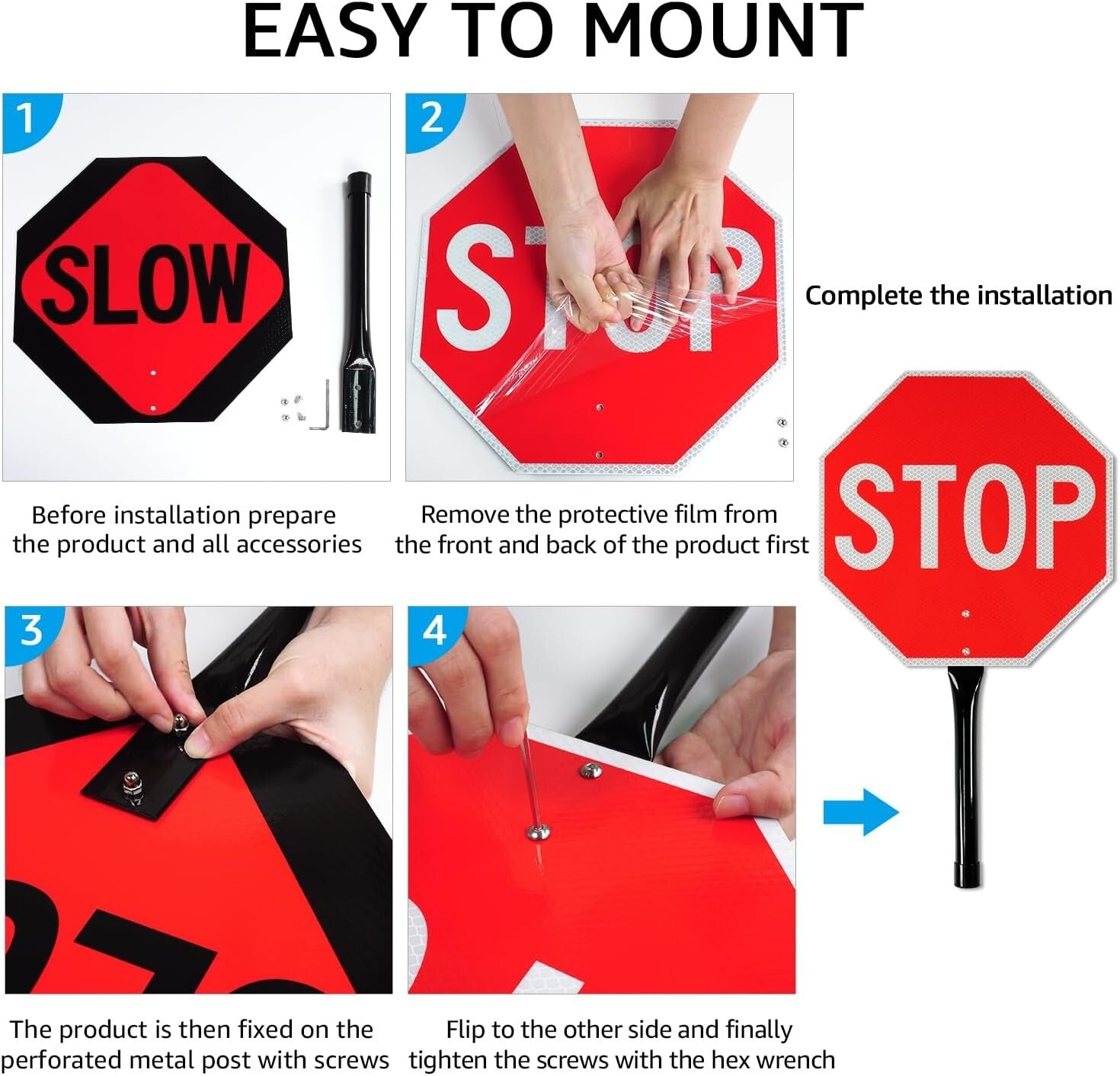 Reflective Aluminum Stop Slow Sign - 13x13 Inches, 4-Pack for Traffic Control