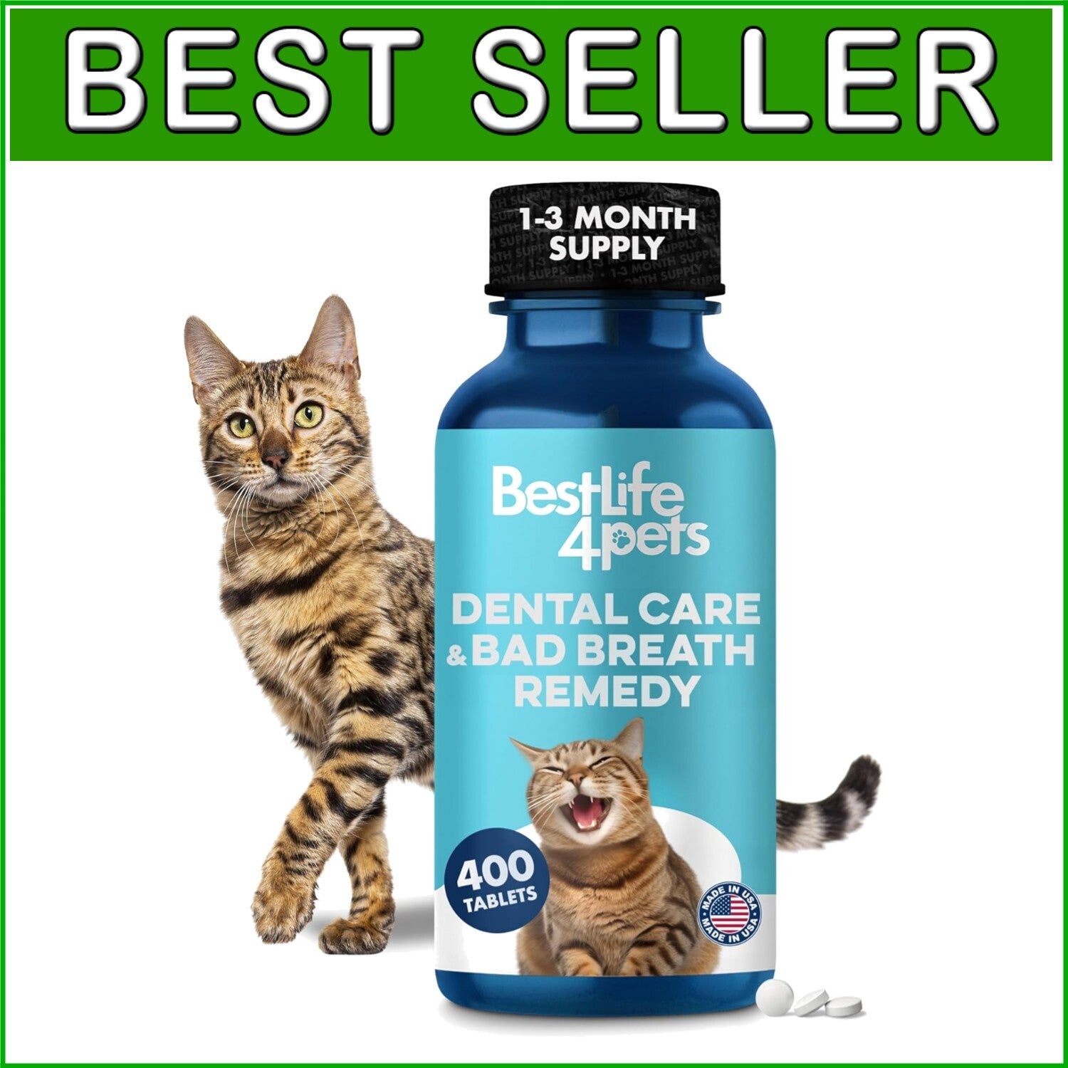 Natural Cat Dental Care & Fresh Breath Remedy - 400 Tiny Pills for Oral Health