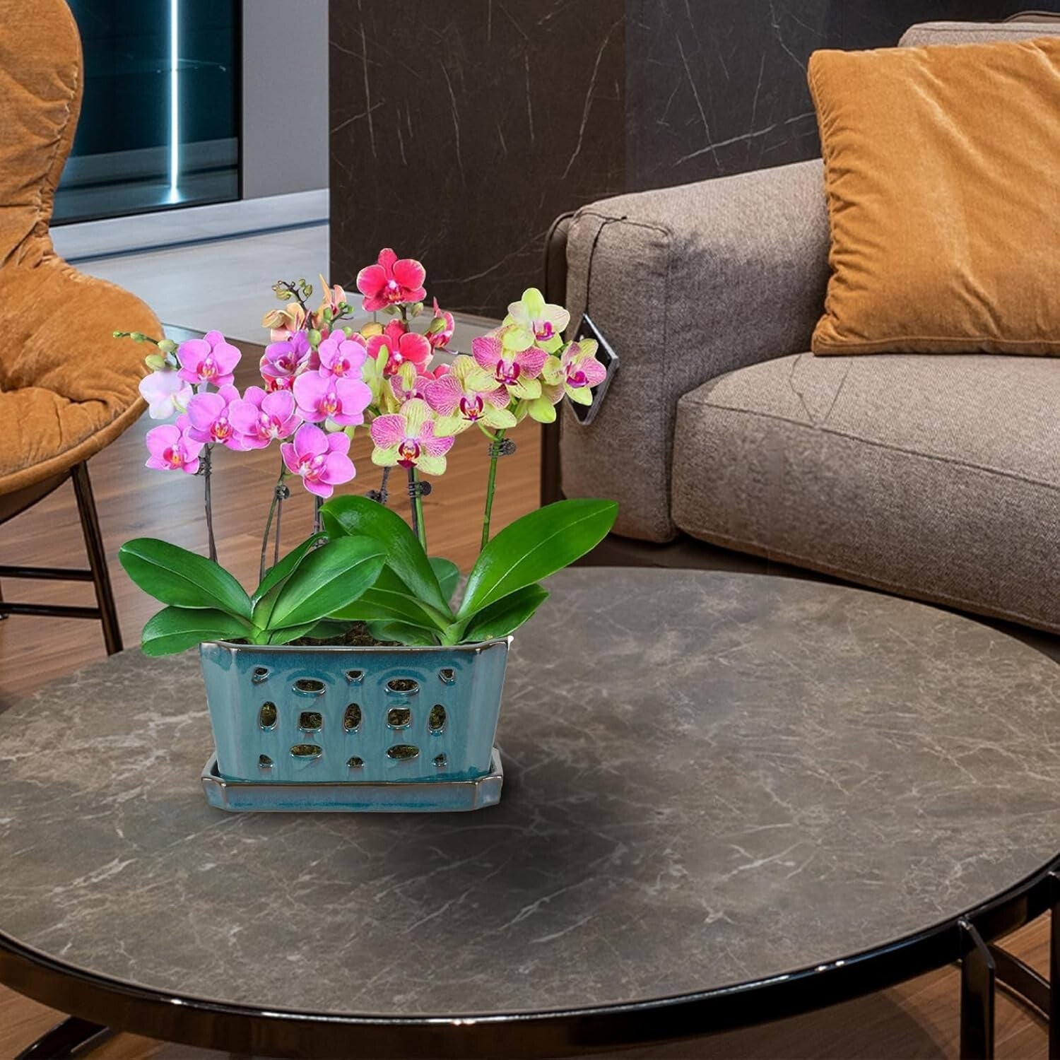 Durable Ceramic Orchid Pot with Saucer - 9.7" Teal Indoor/Outdoor Planter