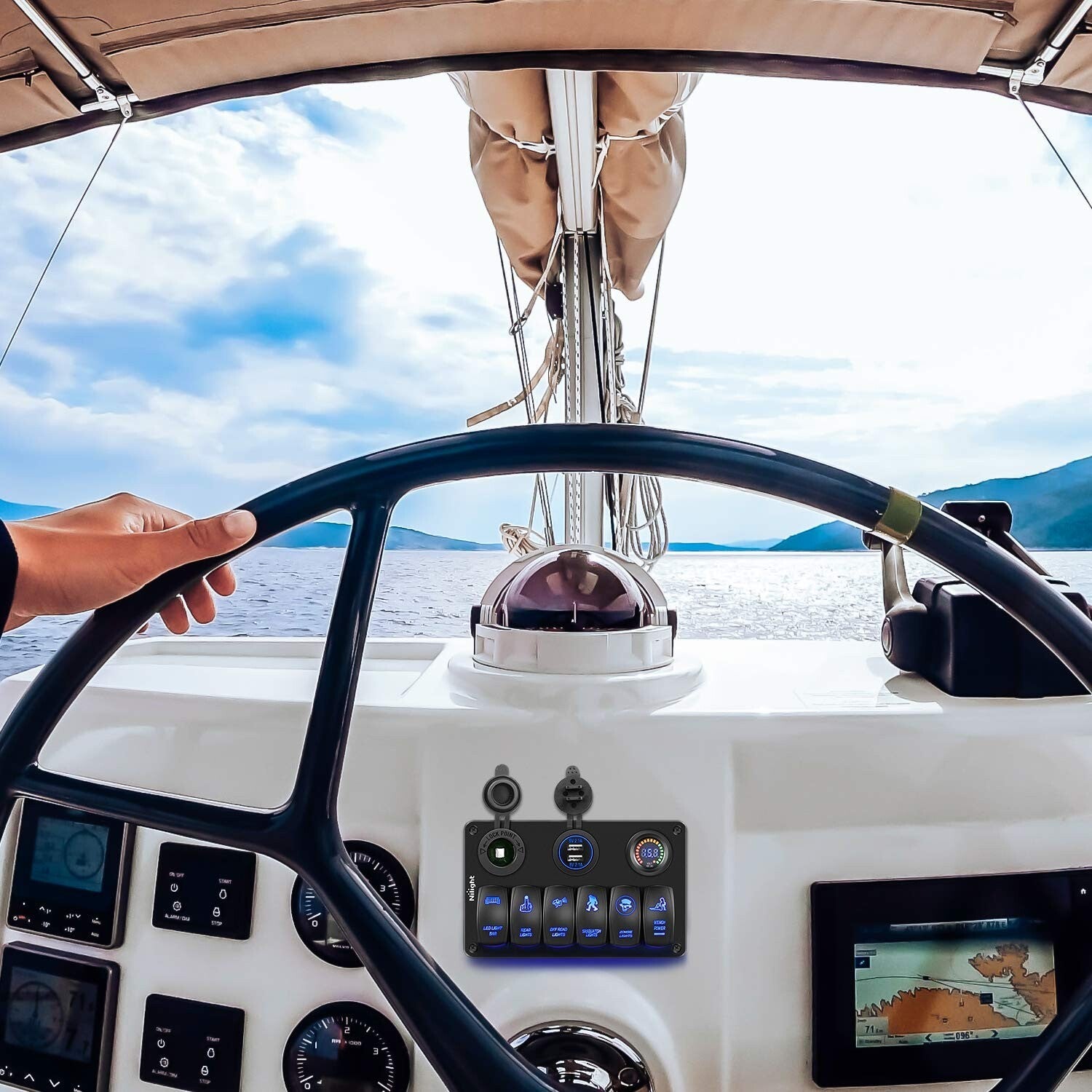 Durable Laser-Etched 6 Gang Switch Panel with USB, Voltmeter & Cigarette Lighter