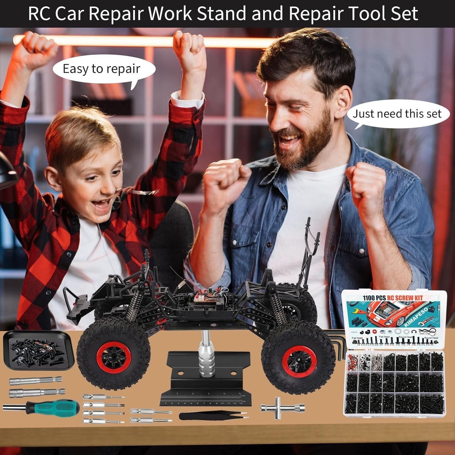 Efficient RC Car Repair Toolkit: Work Stand, 1100 Screws & 6 Tools Included