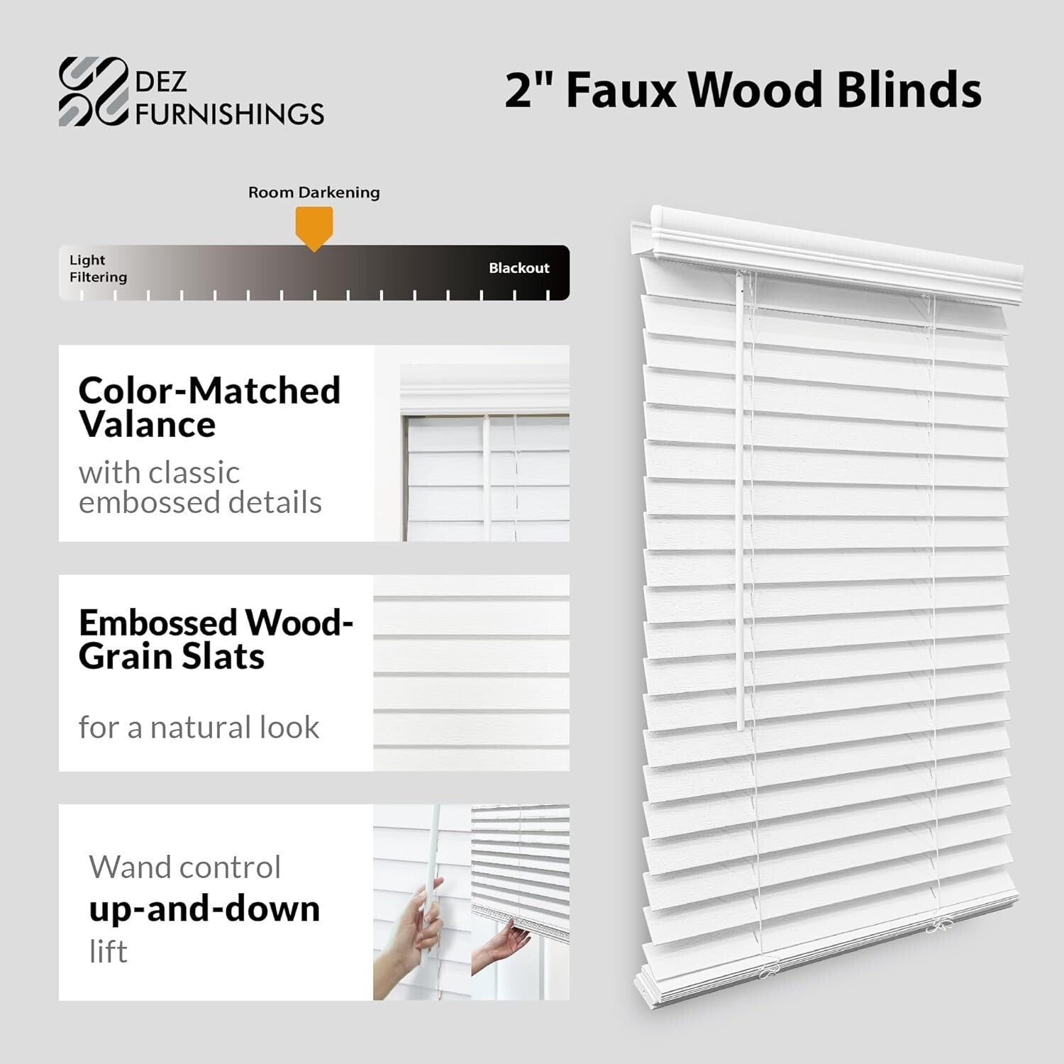 Cordless 2-Inch Faux Wood Blinds in White: 48" W x 60" H - Stylish Functionality