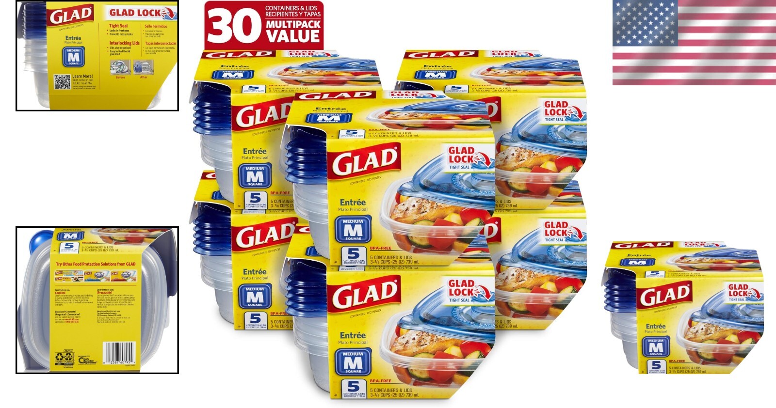 BPA-Free Modular Square Storage Containers - 30 Total: 25 Oz Each, Snap Closure