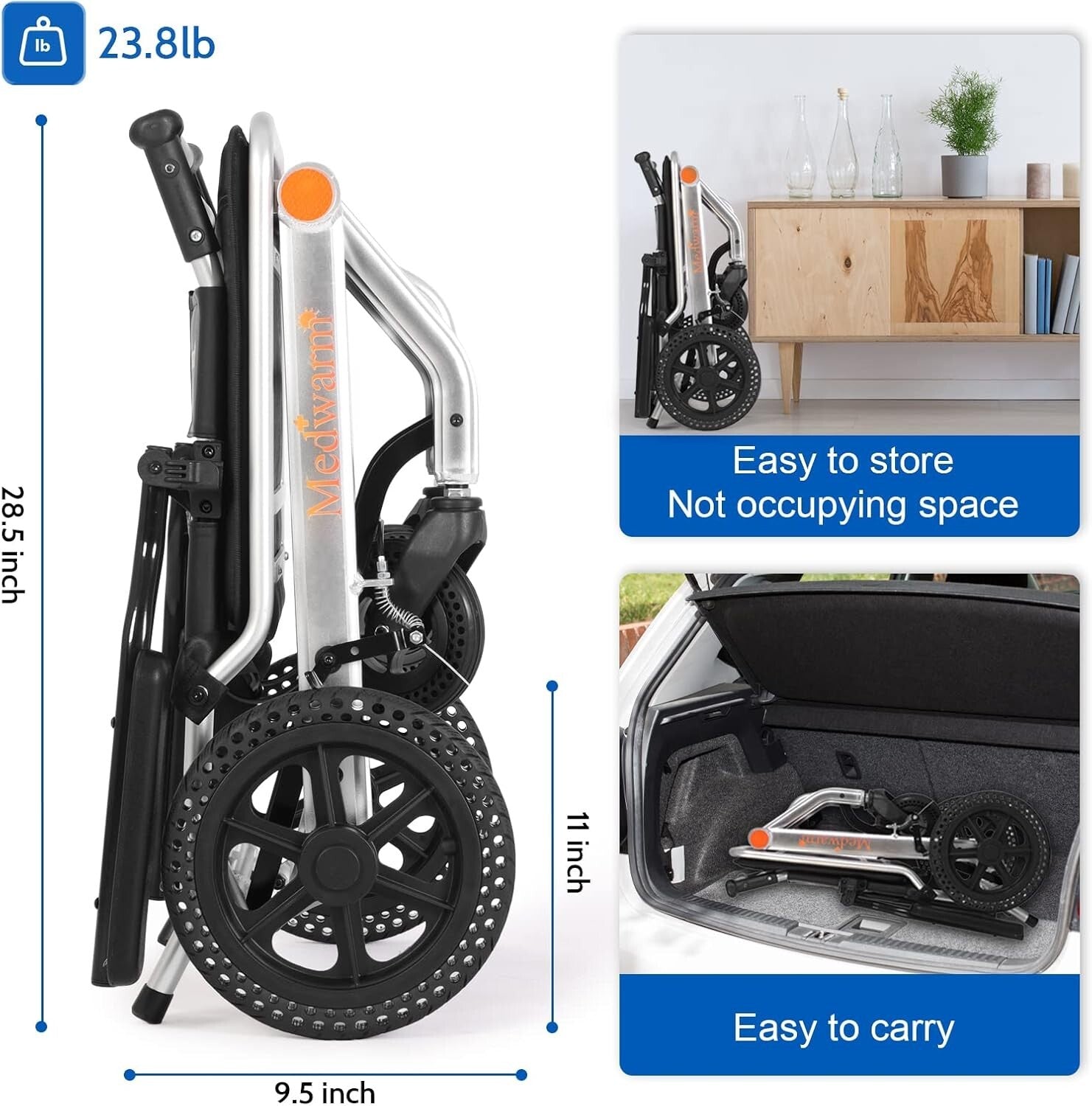 Folding Transport Wheelchair - 23lbs Aluminum Frame with Adjustable Armrests