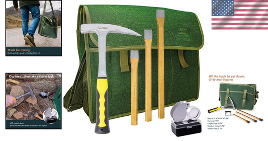 Complete Rockhounding Gear: Carbon Steel Hammer & Chisels in Stylish Musette Bag