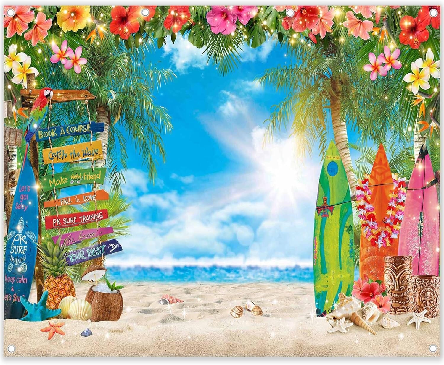 10x8ft Hawaiian Beach Backdrop with Palm Leaves & Surfboard for Aloha Parties
