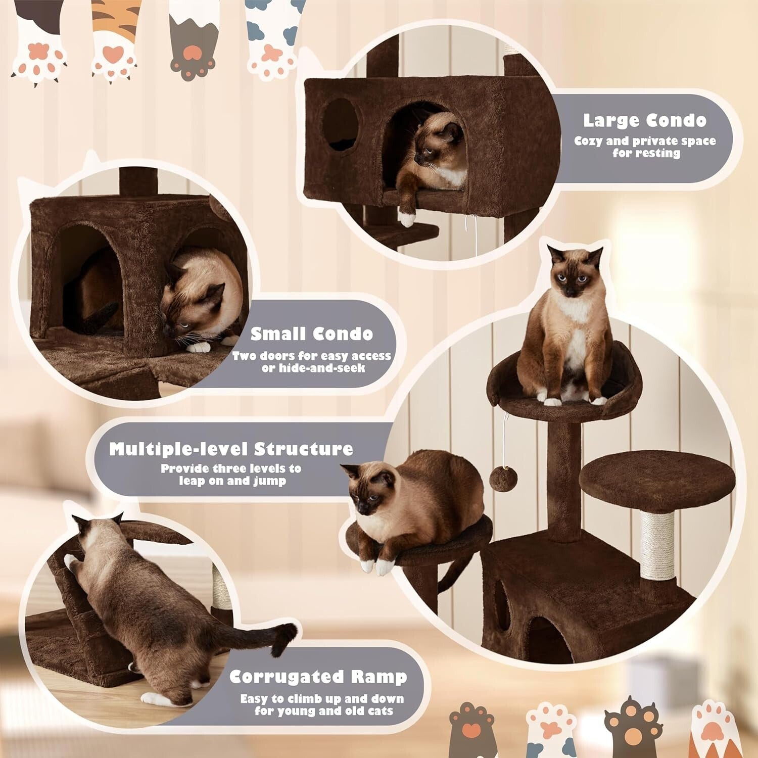 54in Cat Tree with Top Perches, Condos & Cat-Ears Design – Ideal for Kittens