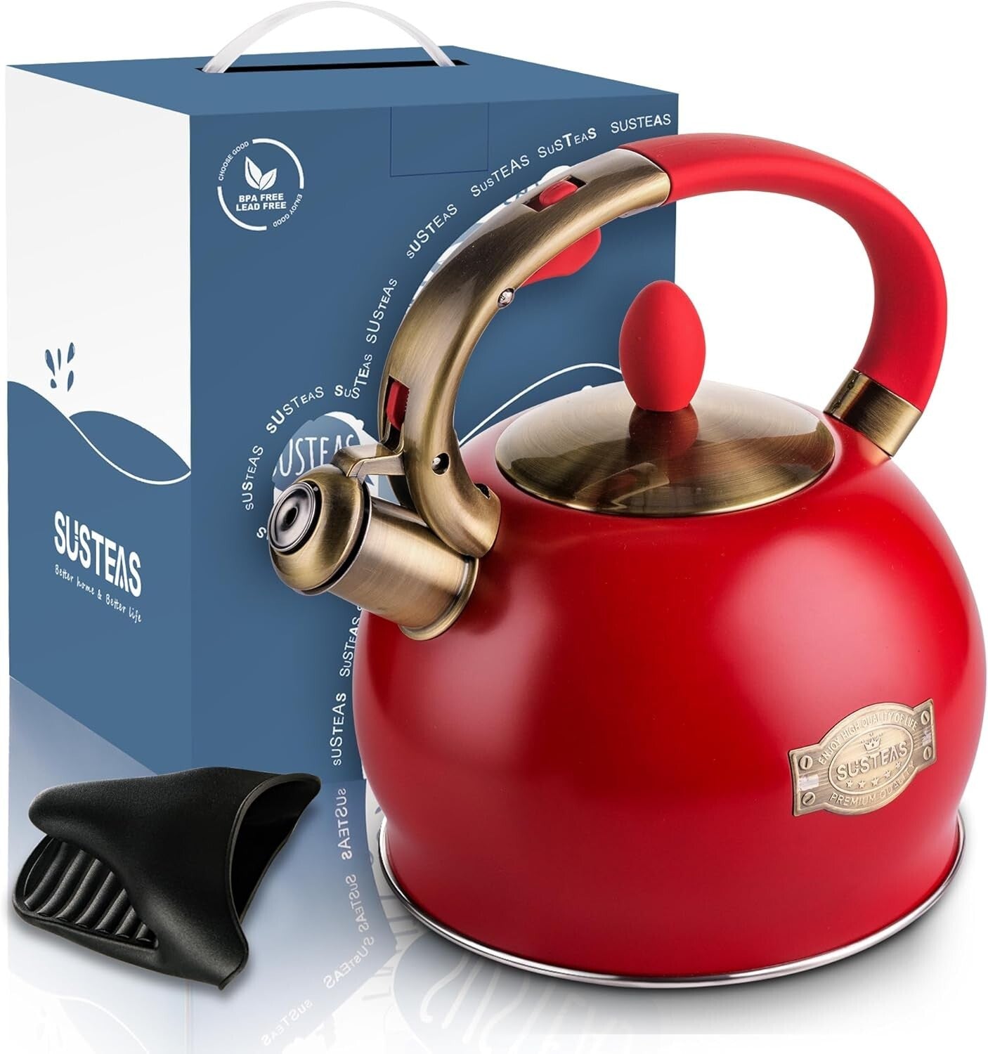 Elegant 2.64 Quart Stainless Steel Whistling Tea Kettle with Heat-Resistant Mitt
