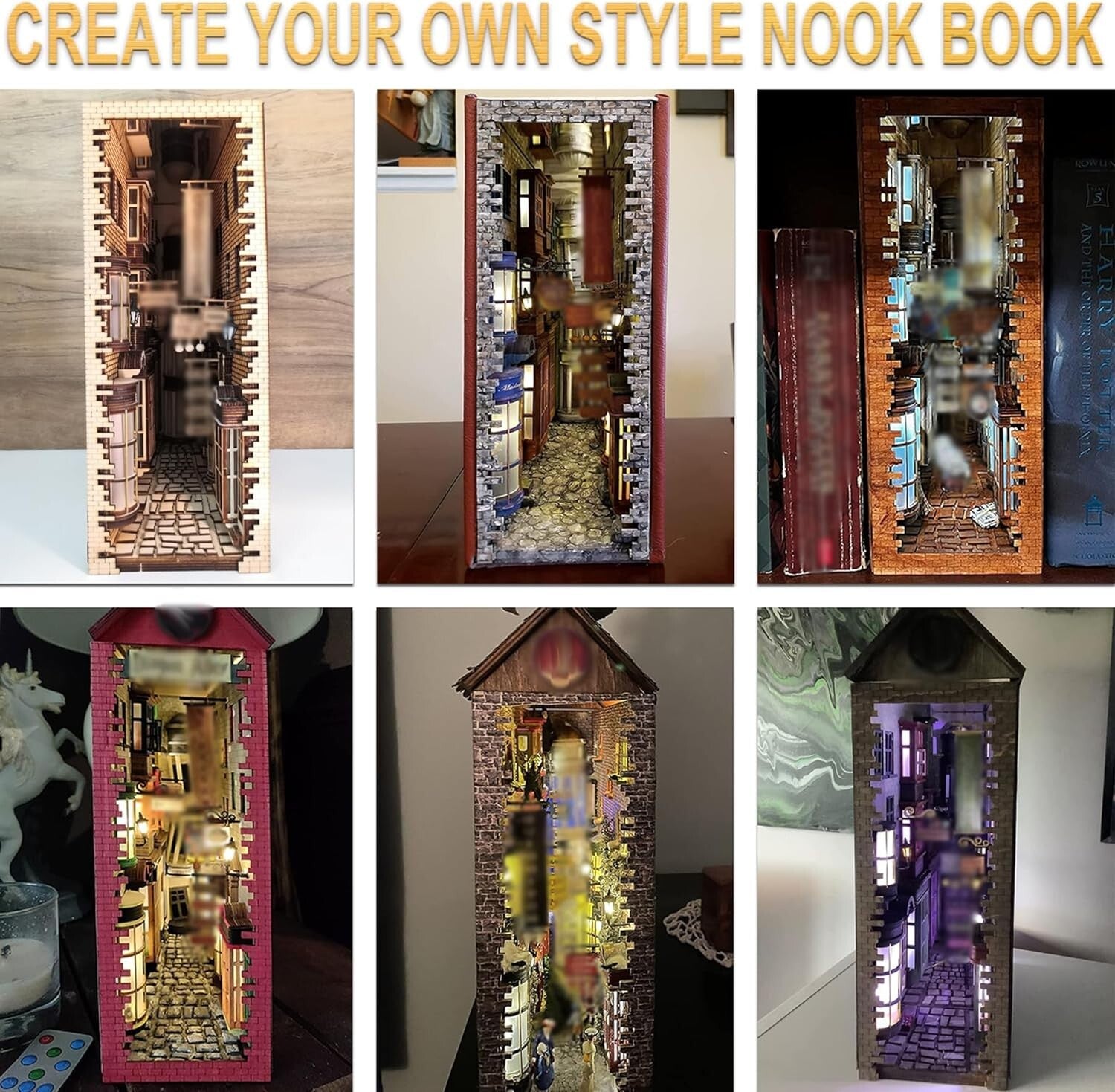 Intricate DIY Book Nook Kit for Adults - LED Light & Decorative Bookend Insert