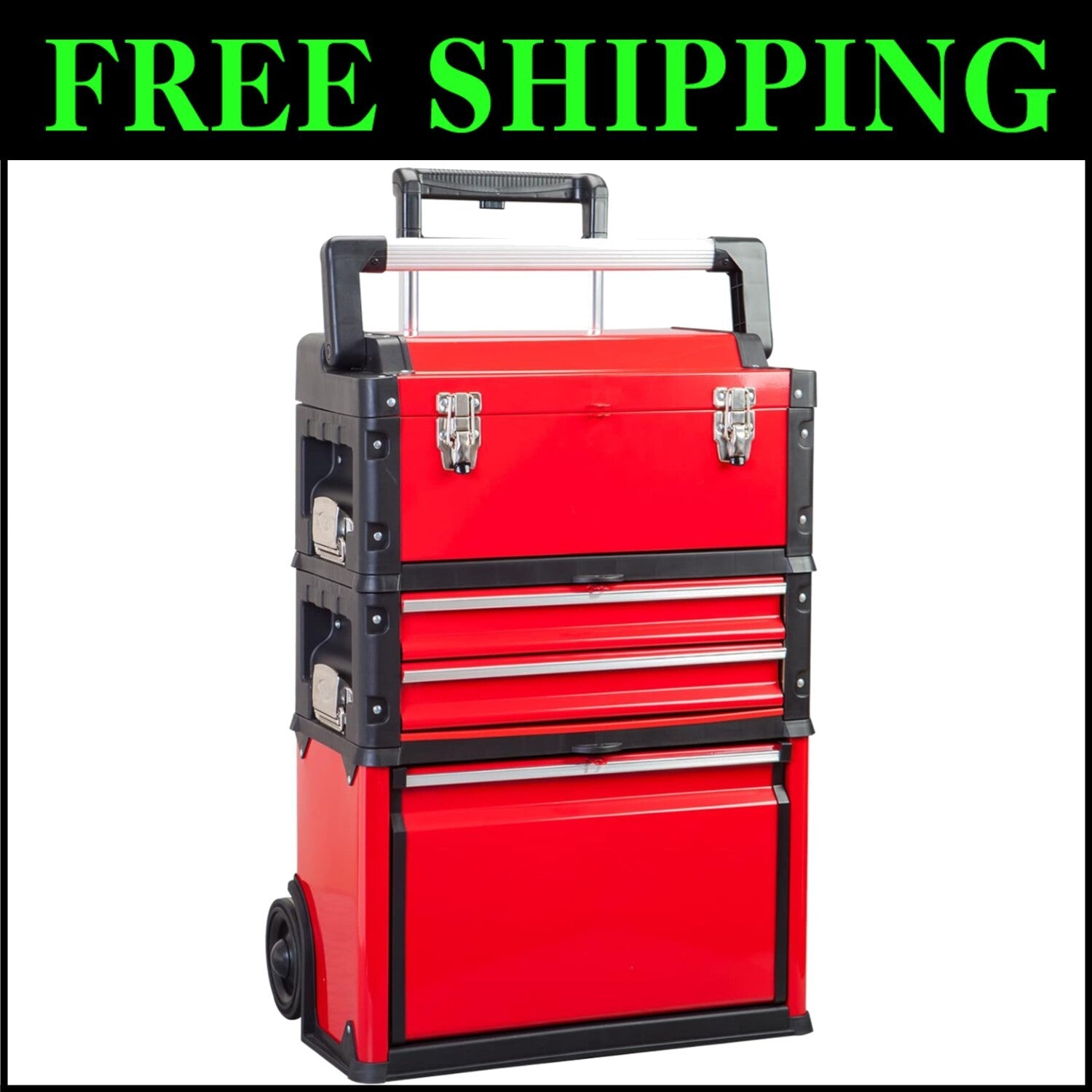 Stackable Rolling Tool Storage Trolley with Removable Tray & 3 Drawers, 20.5" L