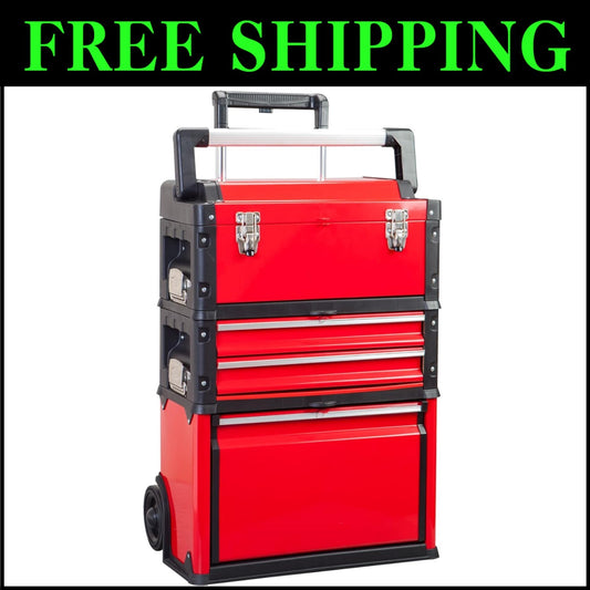 Stackable Rolling Tool Storage Trolley with Removable Tray & 3 Drawers, 20.5" L