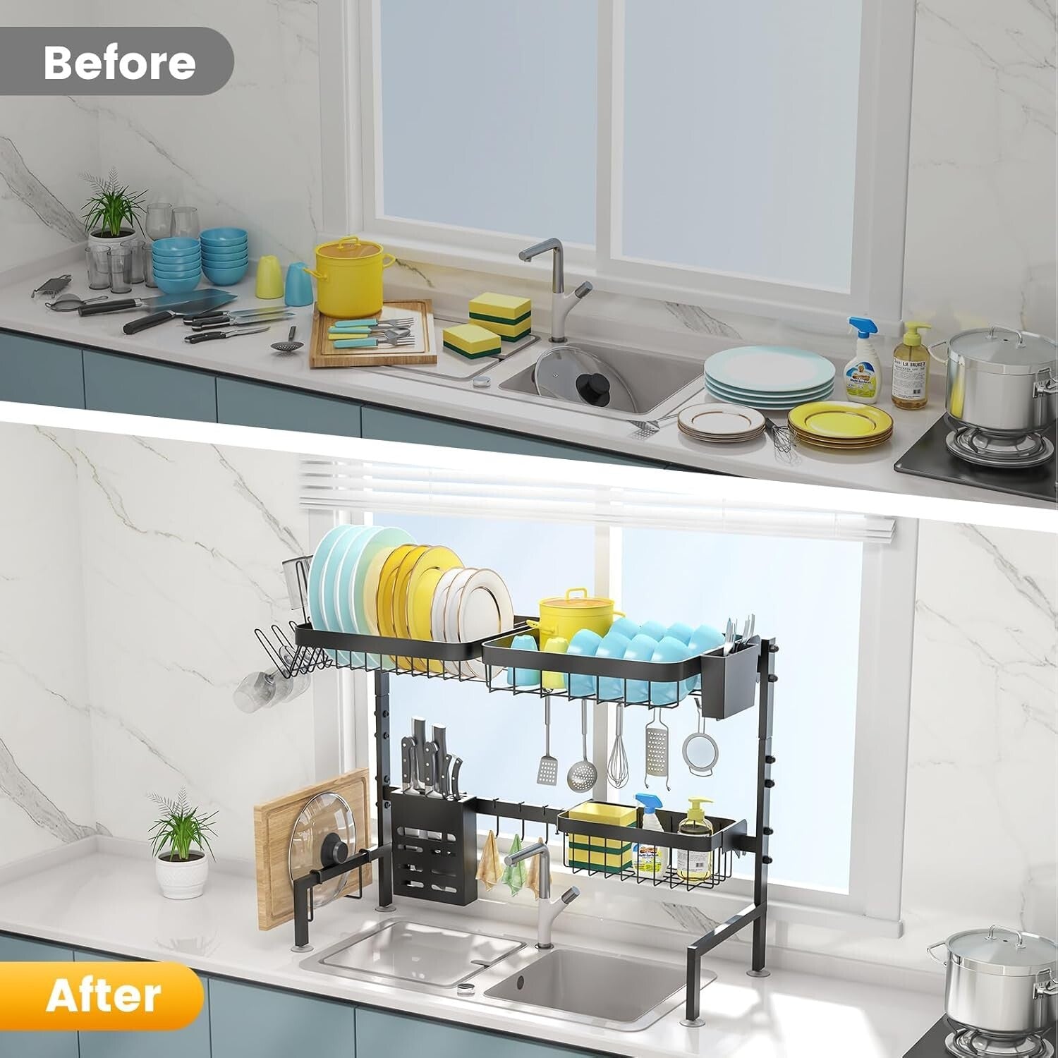 Adjustable 2-Tier Over The Sink Dish Drying Rack, Space-Saving Kitchen Organizer