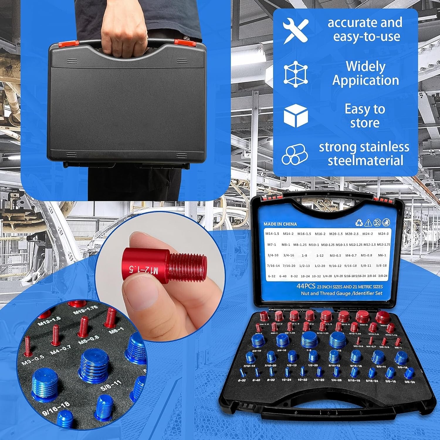 Efficient 44-Pc Nut & Bolt Gauge Set - Aluminum Thread Gauge for All Sizes