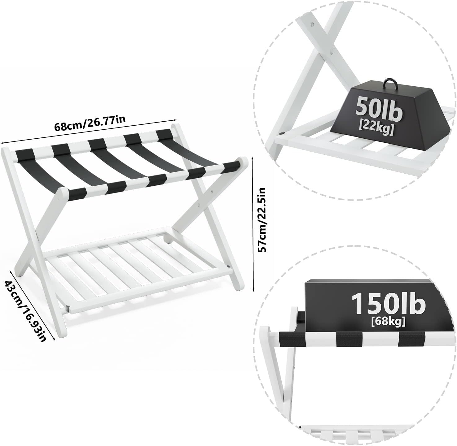 Elegantly Foldable Bamboo Luggage Rack with Upgraded 5 Nylon Straps, 1 Pc