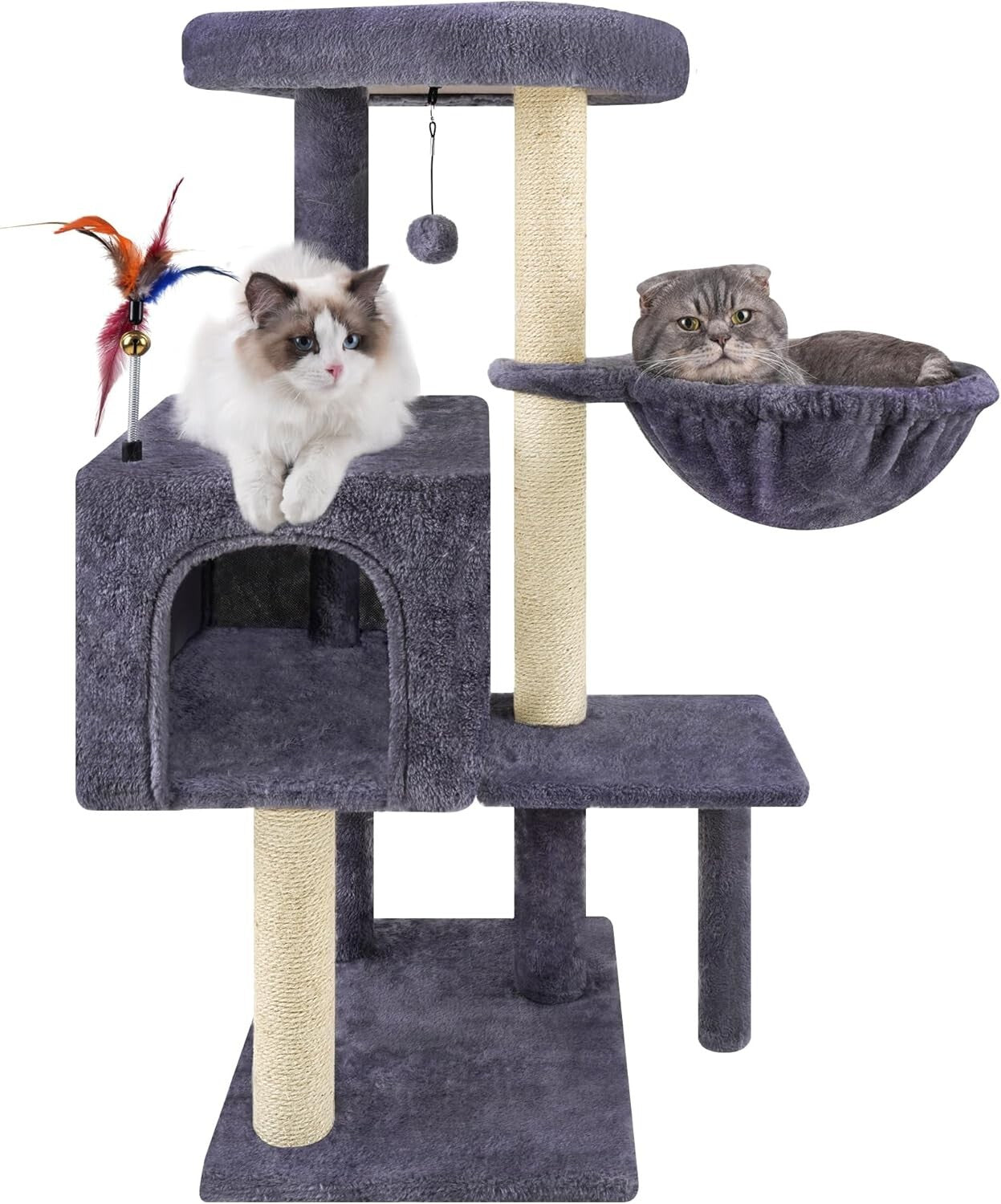 35.4'' Multifunction Cat Tree with Cozy Condo, Hammock & Scratching Post in Grey
