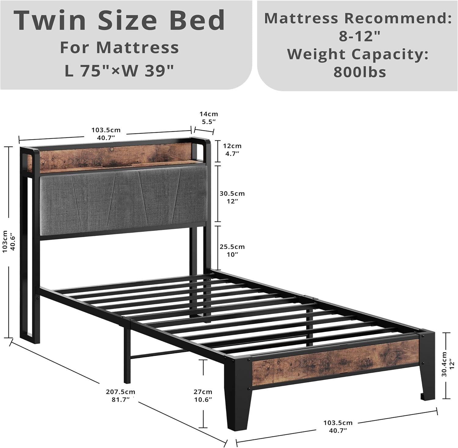 Noise-Free Twin Bed Frame with USB Charging Headboard - Perfect for Small Spaces