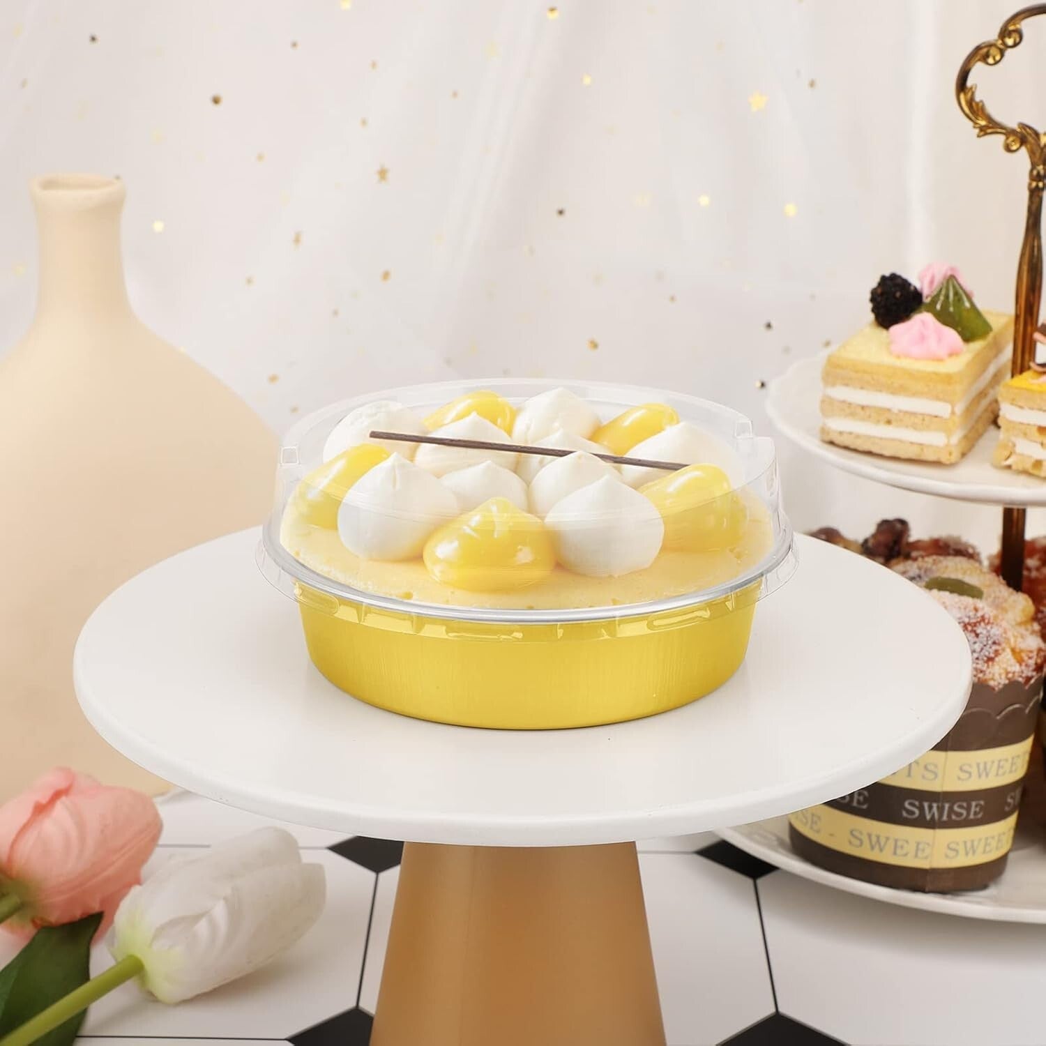 Bulk 100 Mini Cake & Tart Pans - Golden Disposable Aluminum Pie Tins with Lids