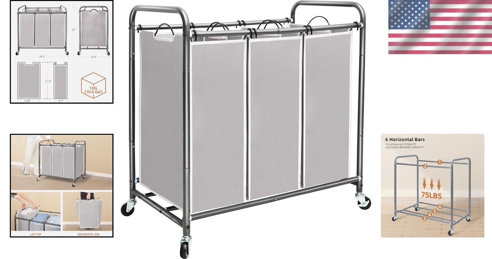 Classic Gray 3-Bag Laundry Hamper with Locking Wheeled Design for Convenience
