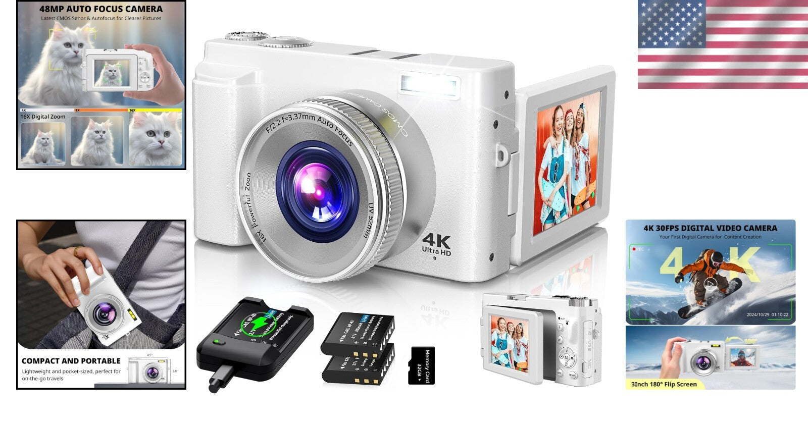2024 4K Digital Camera with 48MP and 180° Flip Screen - Perfect for Vlogging