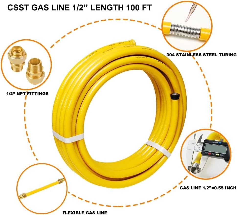 100 Ft Corrugated Stainless Steel Gas Line - Flexible Propane & Natural Gas Pipe
