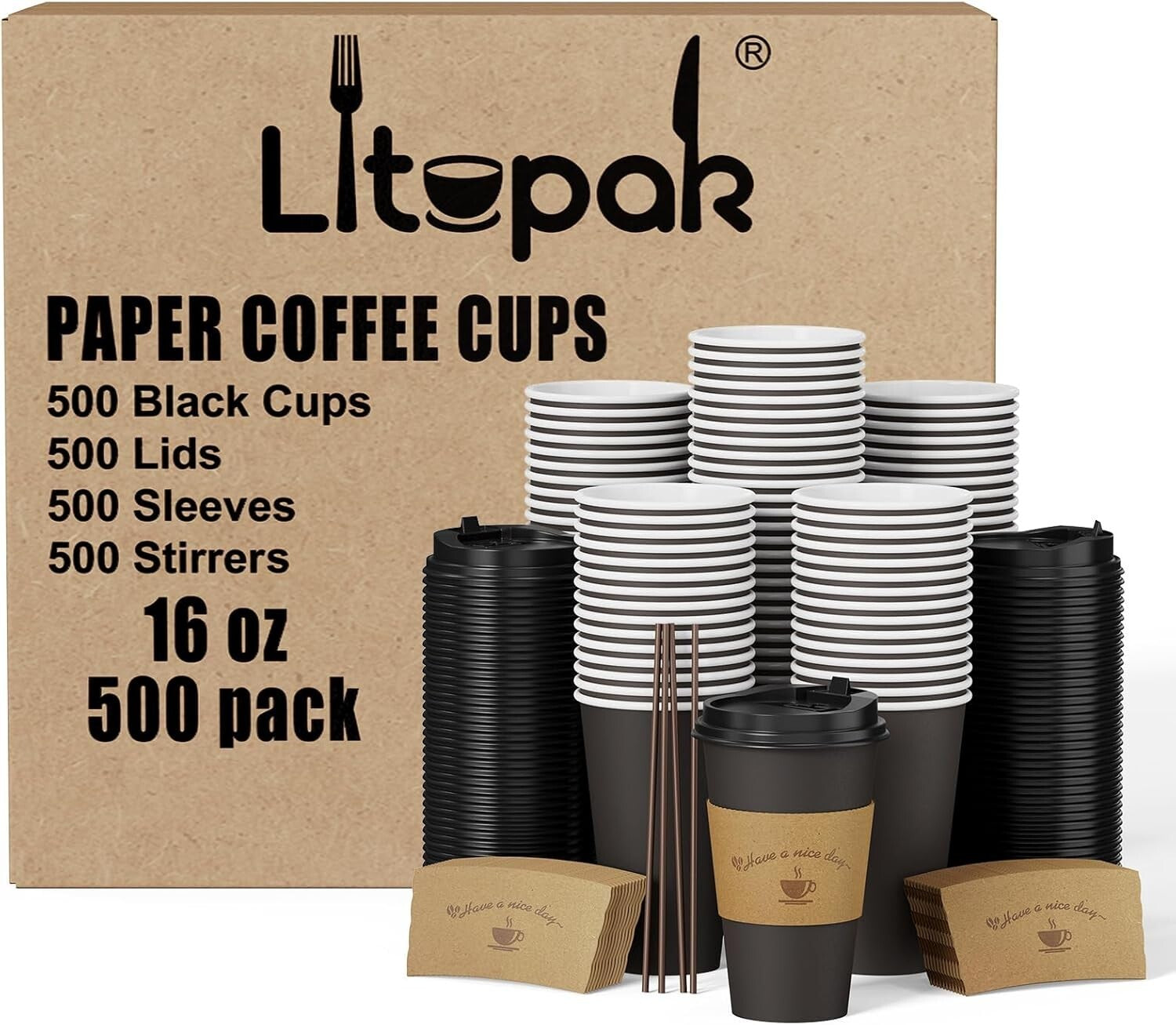 500 Pack 16 oz Black Disposable Coffee Cups with Lids & Sleeves for Convenience