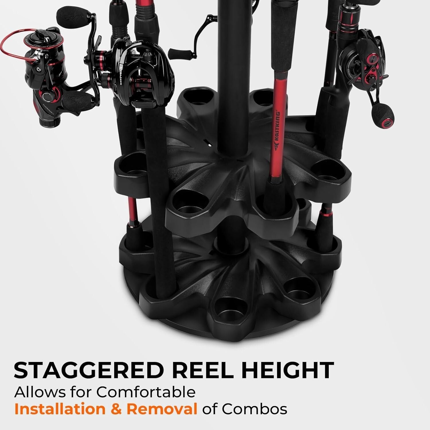 V16 Fishing Rod Rack with Rotating Base: Holds 16 Poles, Space-Saving Solution