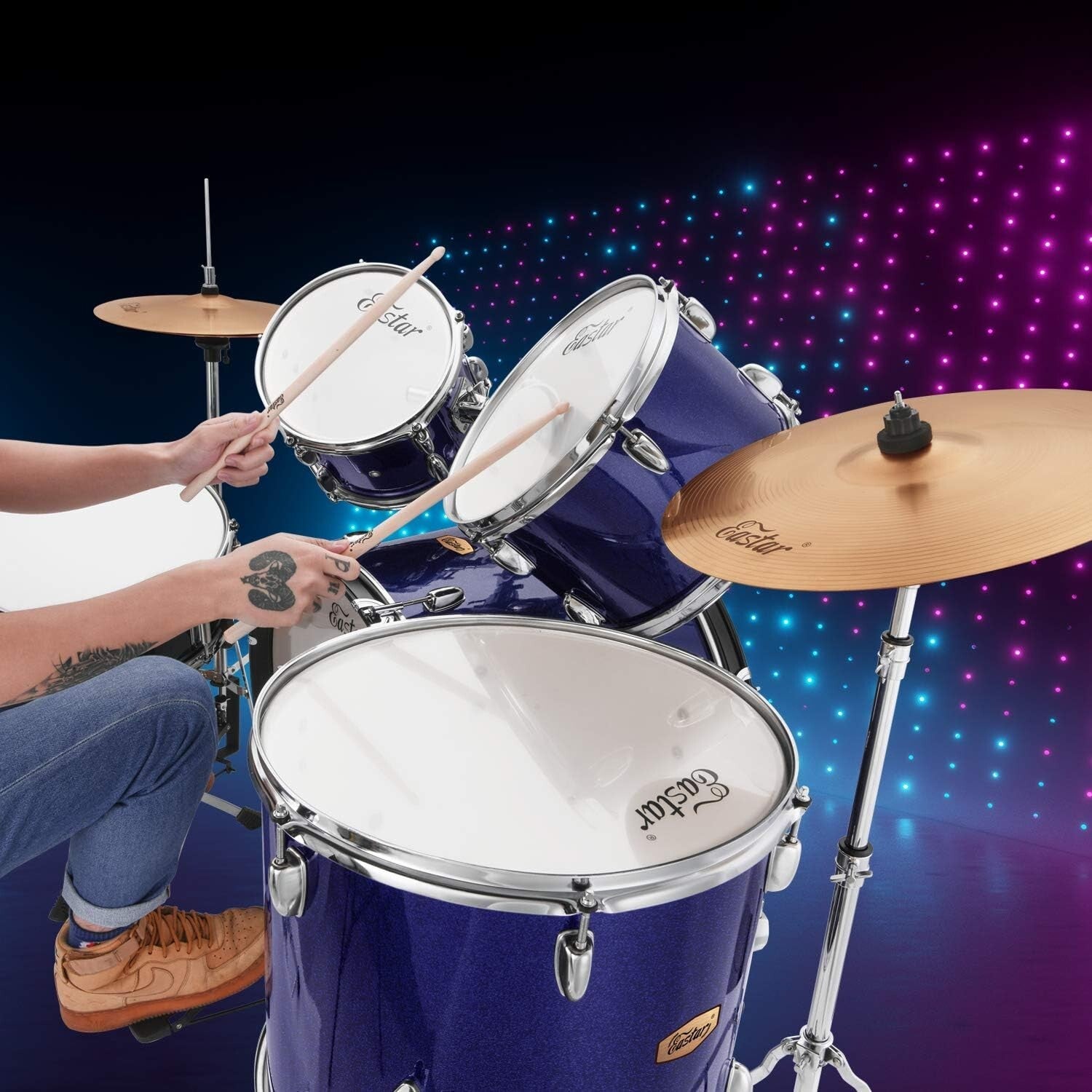 Complete 22-Inch Adult Beginner Drum Set with Bass Pedal and Adjustable Stool