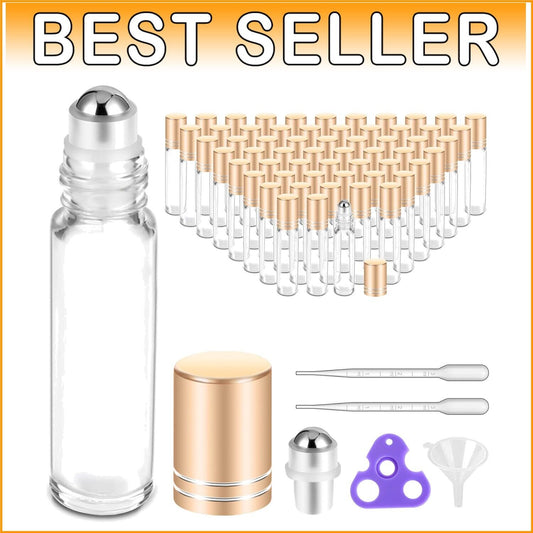 60 Pack Essential Oil Roller Bottles - 10ml Glass with Labels & Accessories