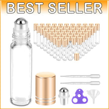 Load image into Gallery viewer, 60 Pack Essential Oil Roller Bottles - 10ml Glass with Labels &amp; Accessories