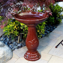 Load image into Gallery viewer, 25" Tall Red Antique Ceramic Birdbath with 2 Bird Figurines – Outdoor Elegance