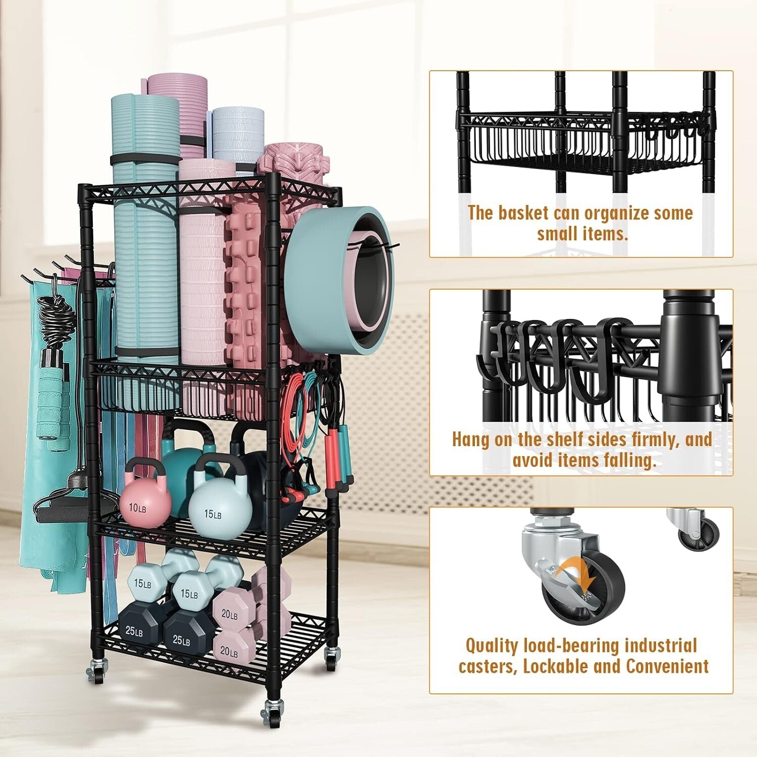 Durable 3-Tier Exercise Equipment Organizer with Security Hooks and Mobility