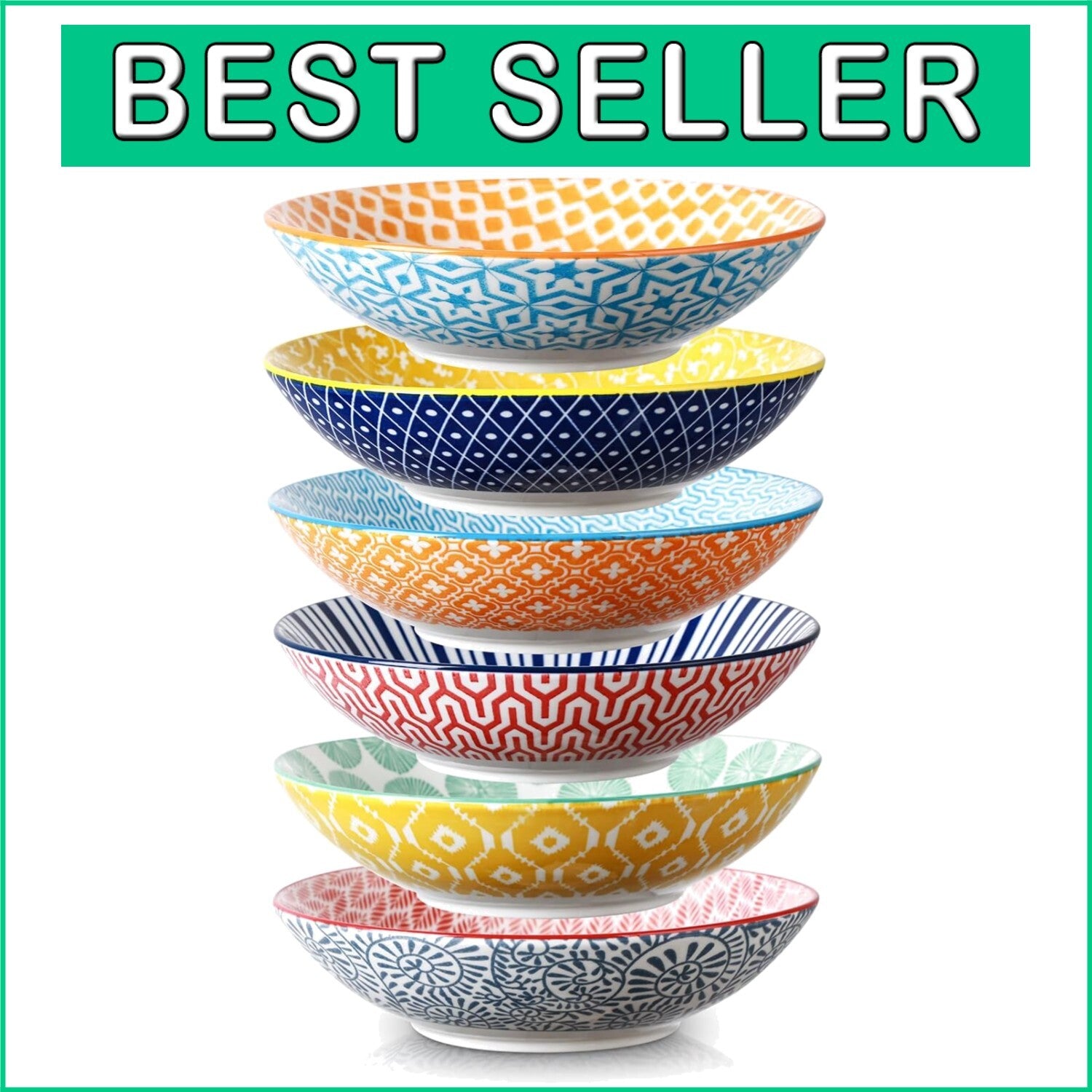 Durable Colorful 9-Inch Pasta & Salad Bowls - Set of 6, Oven & Microwave Safe