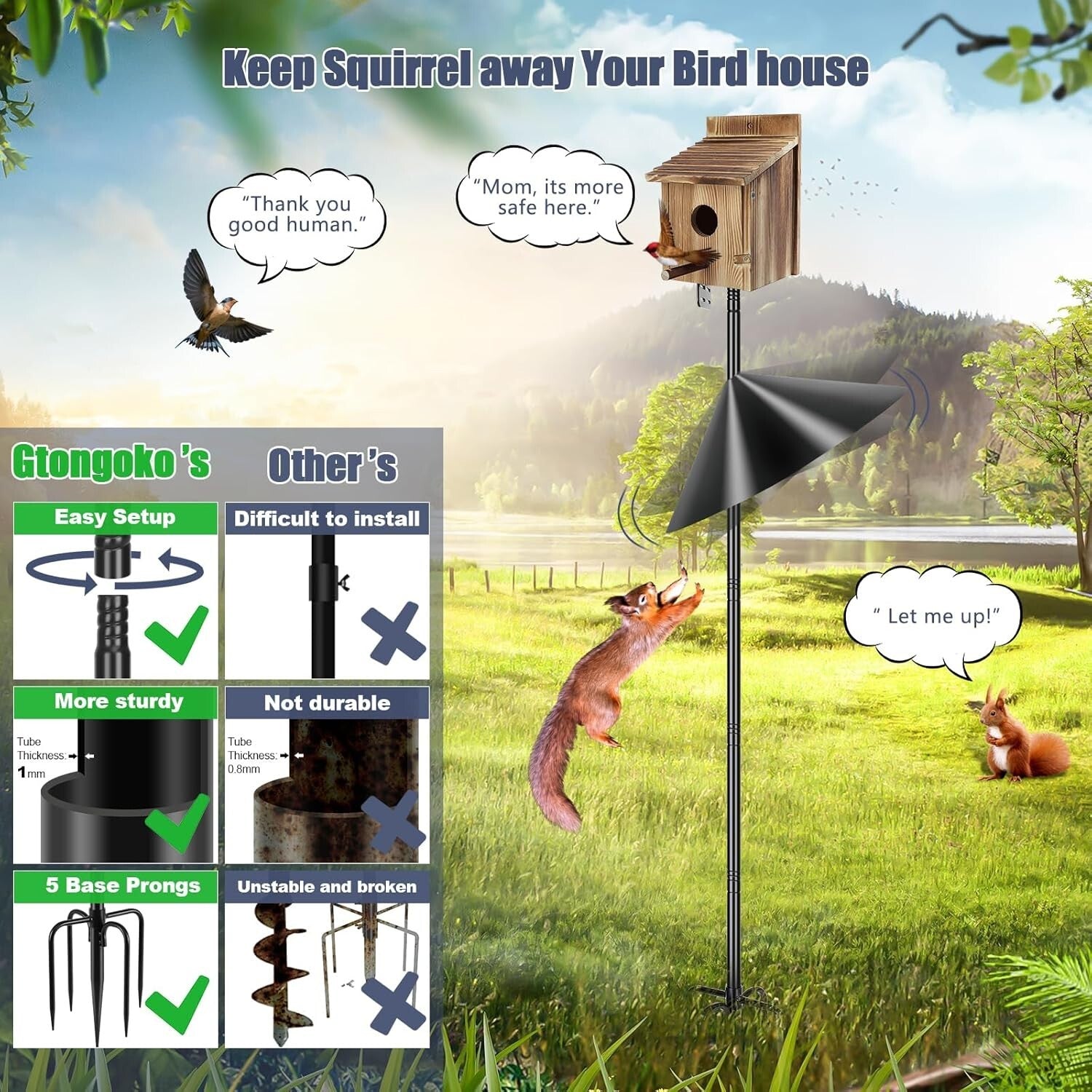 Black Freestanding Bird Feeder Pole with 19-Inch Squirrel Baffle - 79 Inches