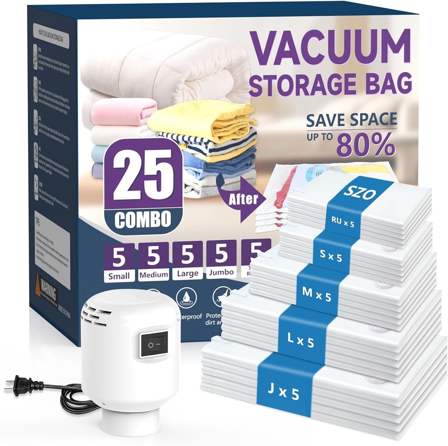 Heavy-Duty Vacuum Seal Bags Set (25), 5 Sizes + Electric Air Pump Included