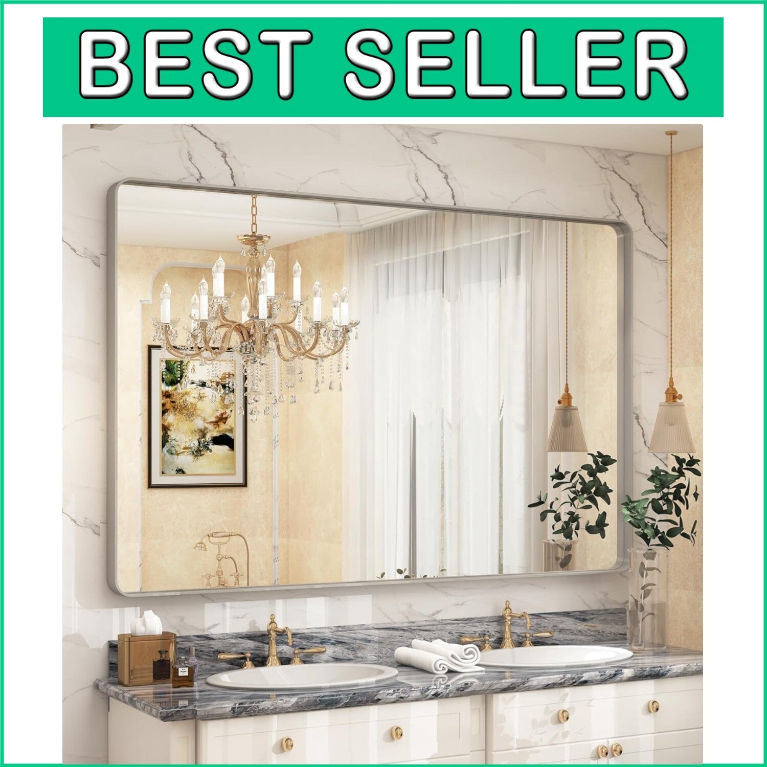 Extra Large 60x40 Brushed Nickel Bathroom Mirror - High Definition Reflection